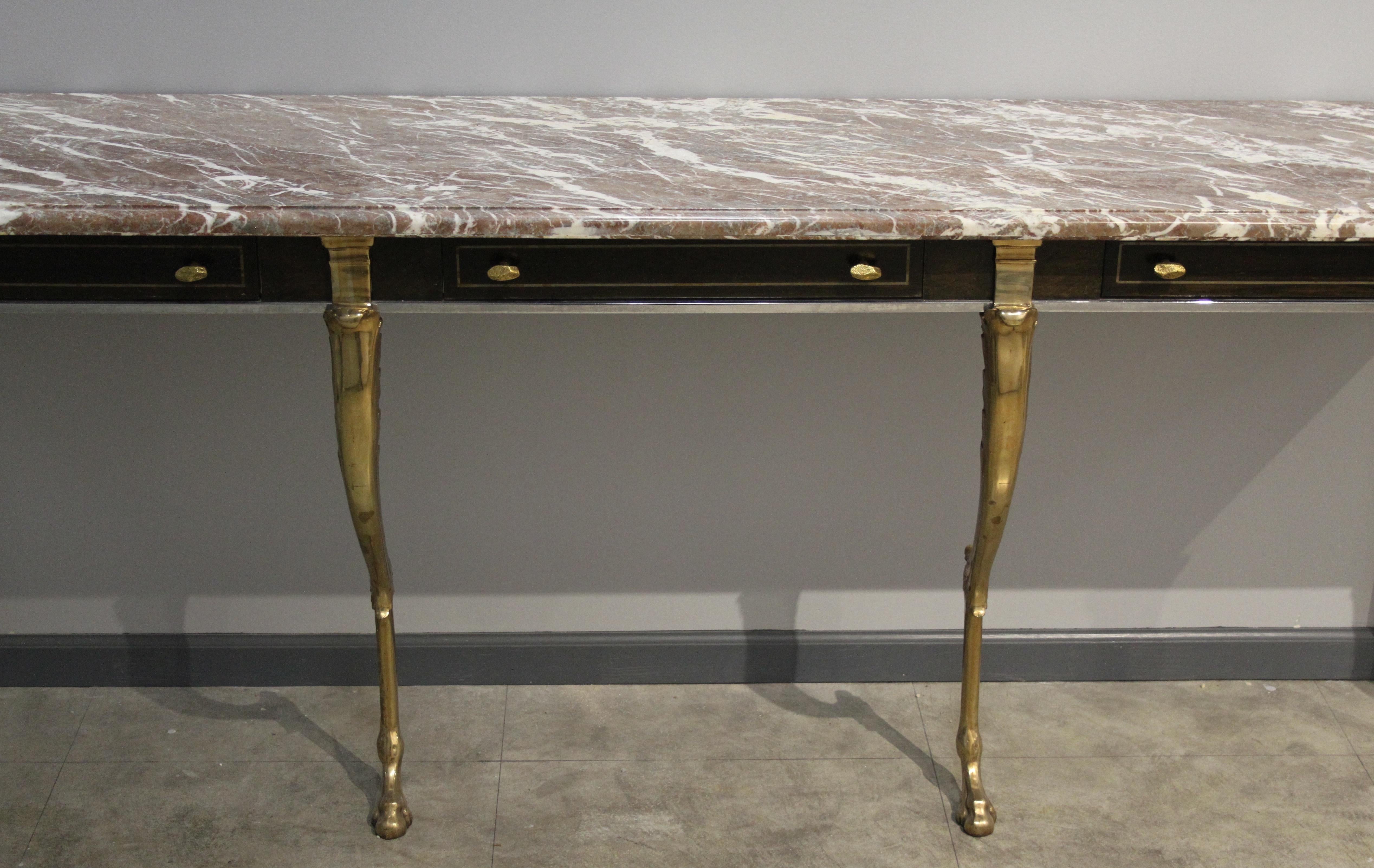 Unique 1970s Hollywood Regency Sideboard with Brass Hoof Legs and Marble Top For Sale 7