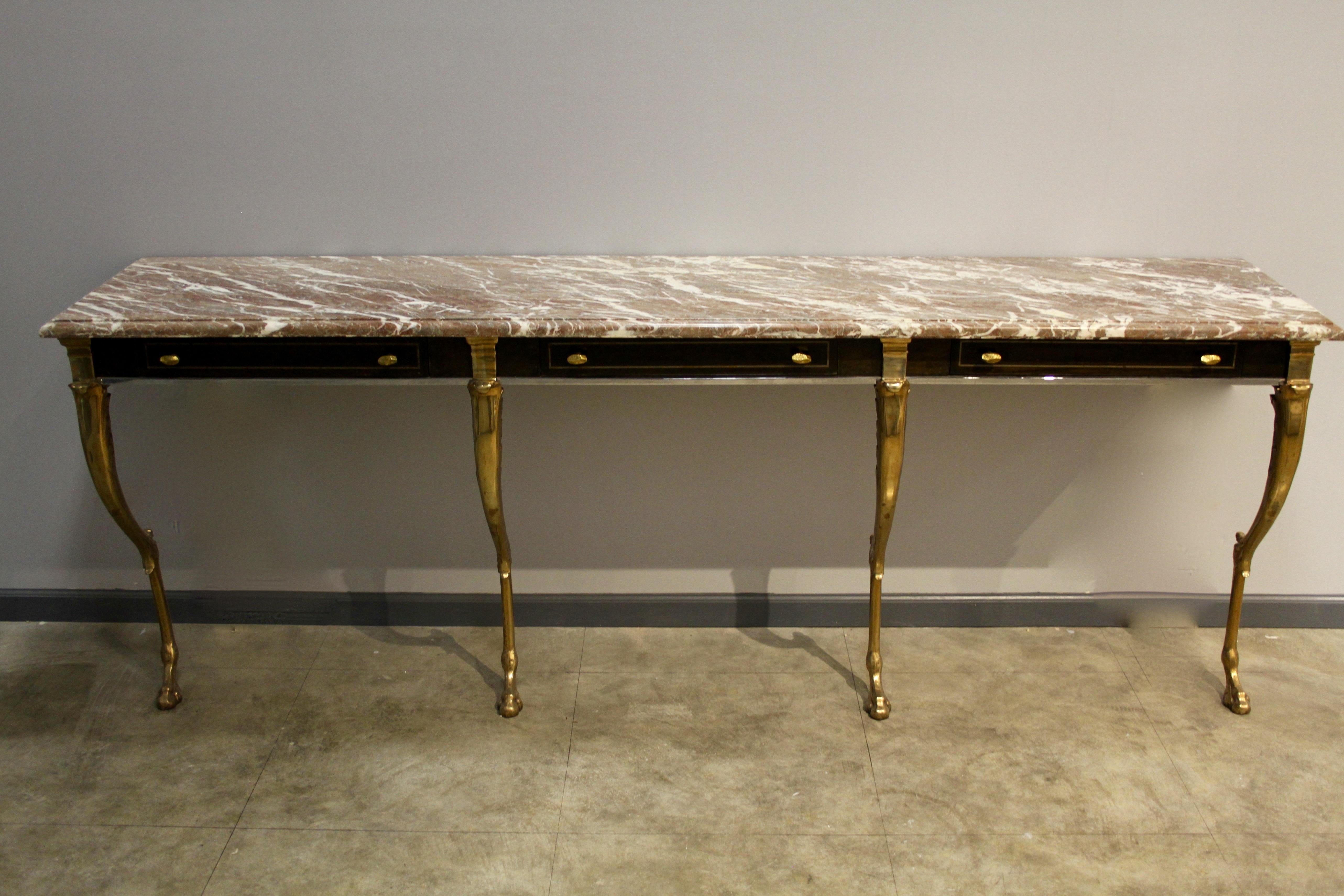 Late 20th Century Unique 1970s Hollywood Regency Sideboard with Brass Hoof Legs and Marble Top For Sale