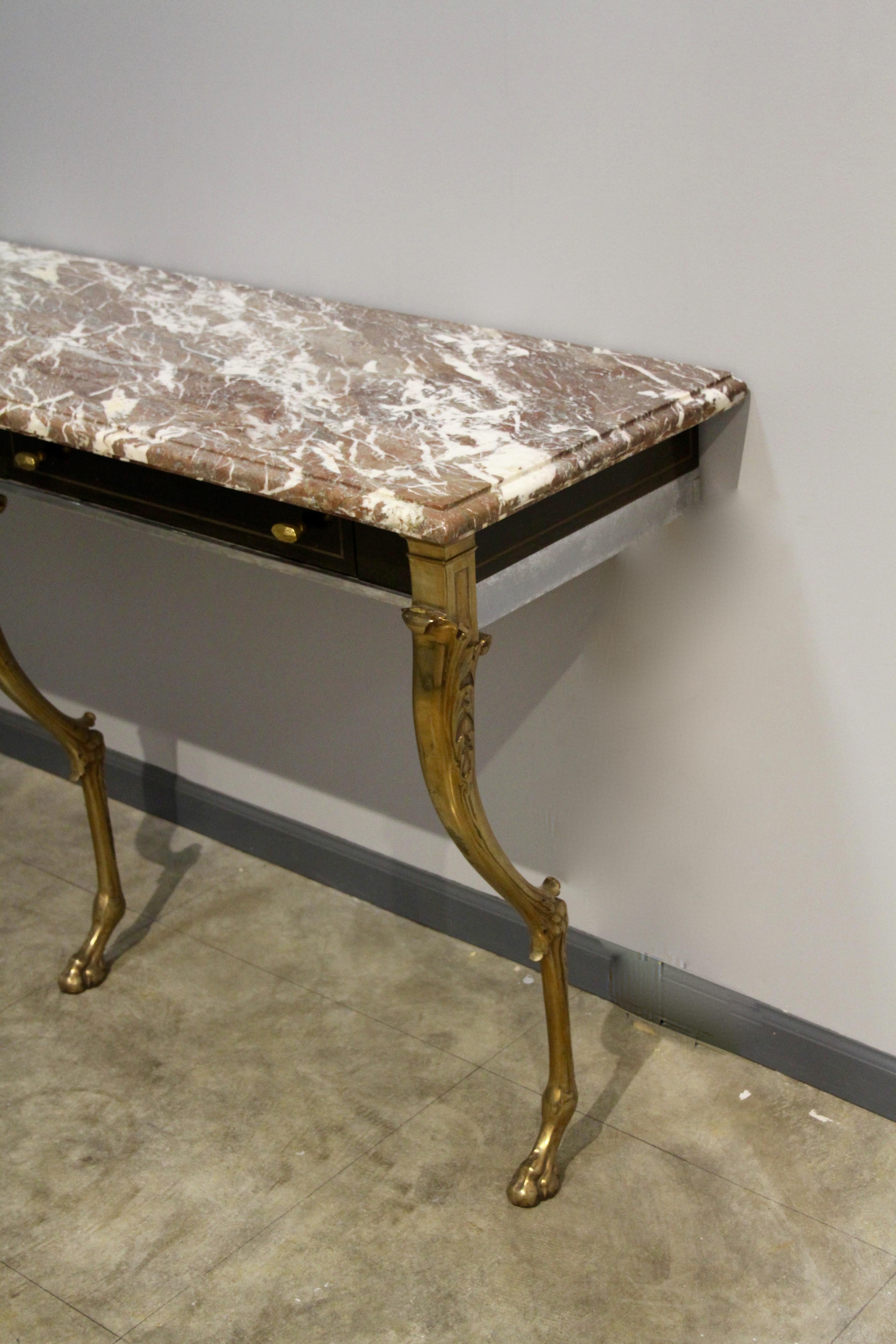 Unique 1970s Hollywood Regency Sideboard with Brass Hoof Legs and Marble Top For Sale 1