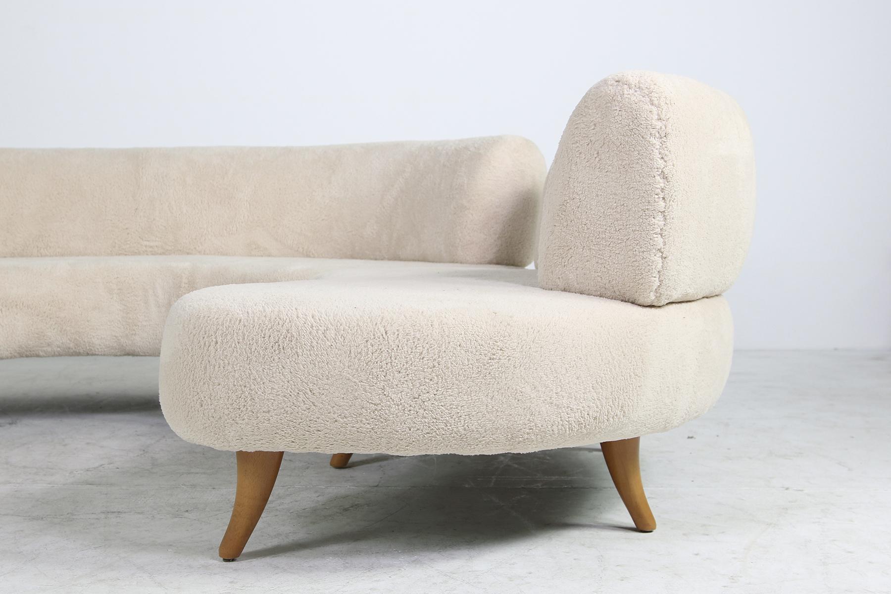 Late 20th Century Unique 1970s Modular Curved Sofa with Teddy Bear Fur and Beechwood Legs