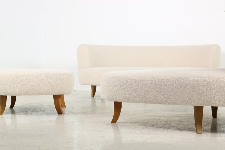 Unique 1970s Modular Curved Sofa with Teddy Bear Fur and Beechwood Legs, Recamier at 1stDibs