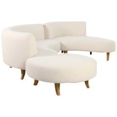 Unique 1970s Modular Curved Sofa with Teddy Bear Fur & Beechwood Legs, Recamier