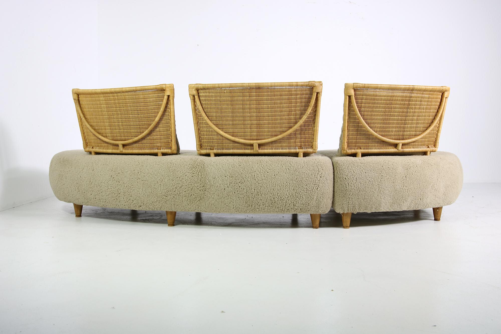 Modular Curved Sofa, Germany 1970s with Teddy Bear Fur, Cane and Beechwood Legs 3