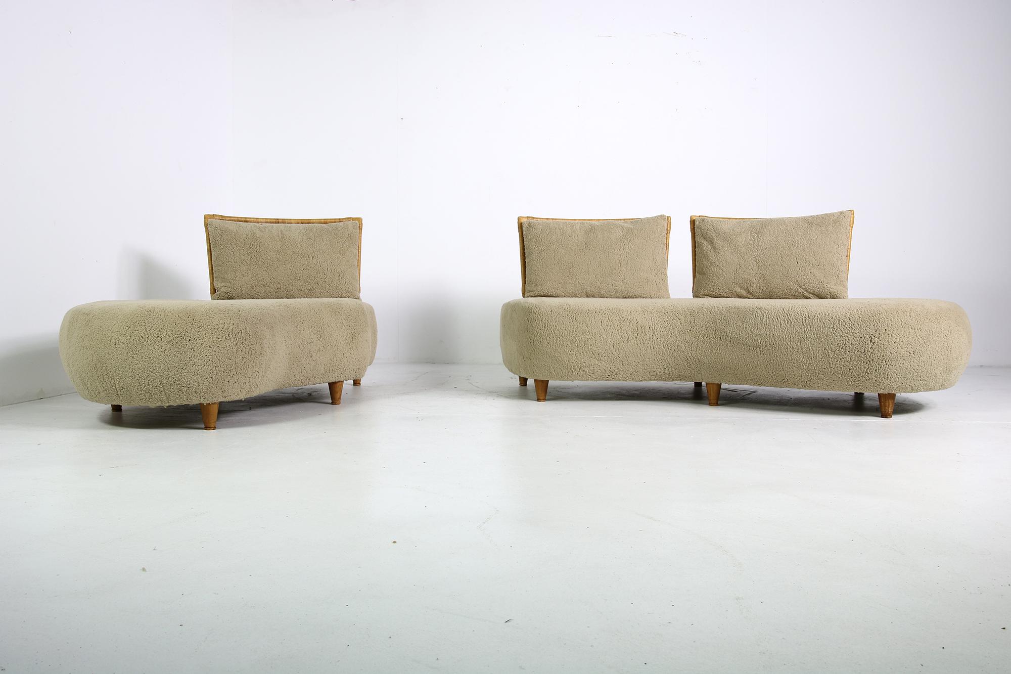 Modular Curved Sofa, Germany 1970s with Teddy Bear Fur, Cane and Beechwood Legs In Good Condition In Hamminkeln, DE
