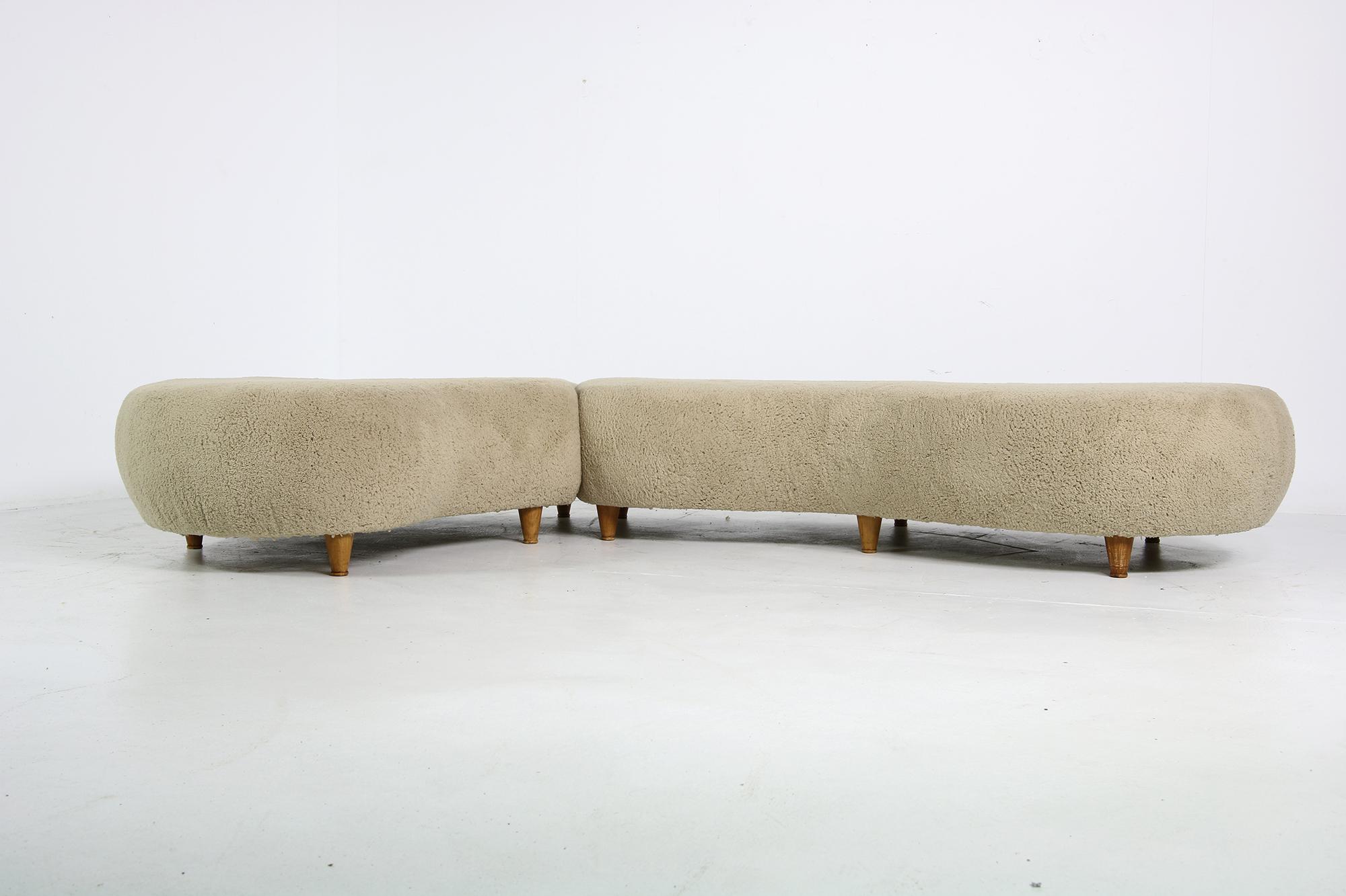 Fabric Modular Curved Sofa, Germany 1970s with Teddy Bear Fur, Cane and Beechwood Legs