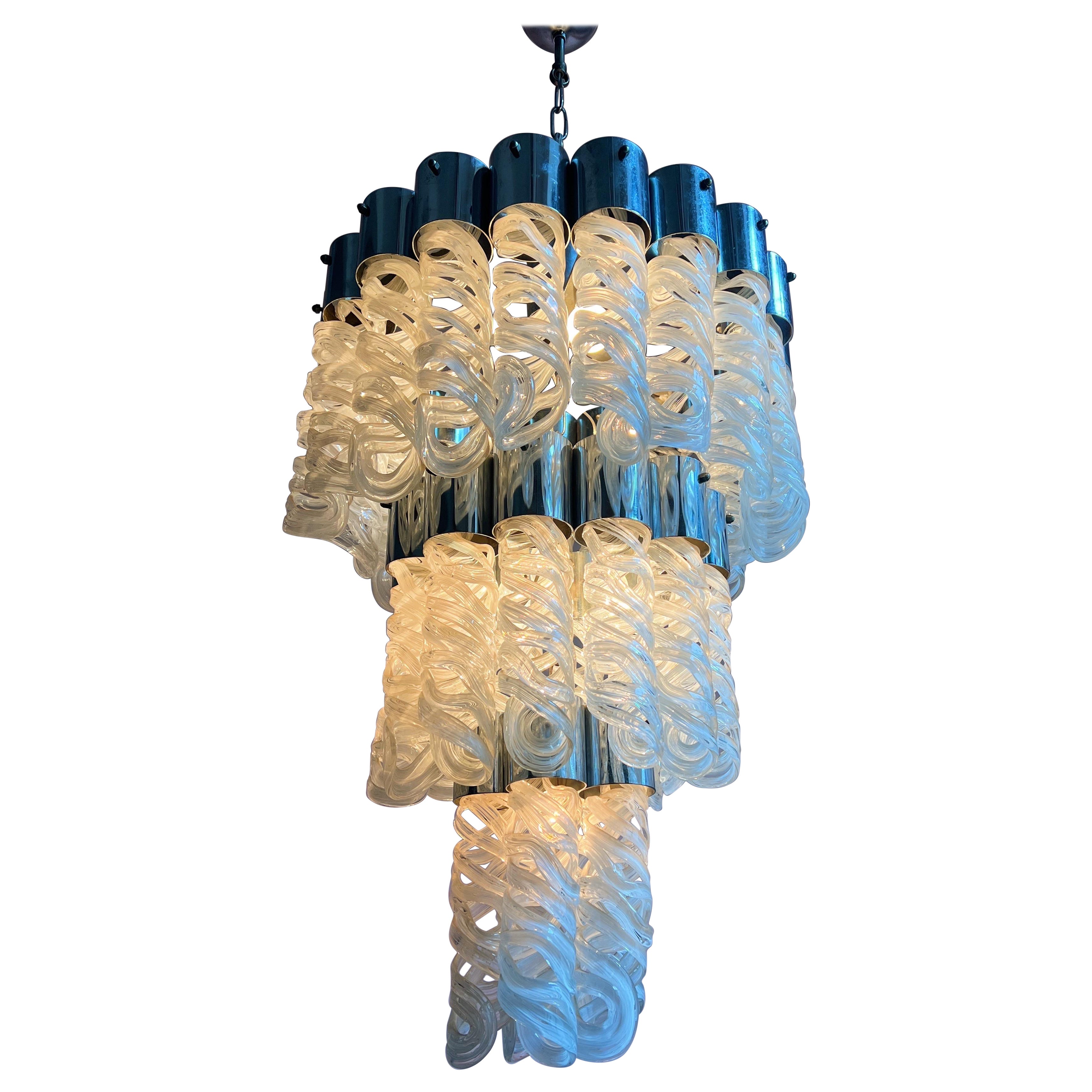 Unique 1970s Murano Glass Ceiling Lamp with Chrome Base and Spiral Pendants For Sale