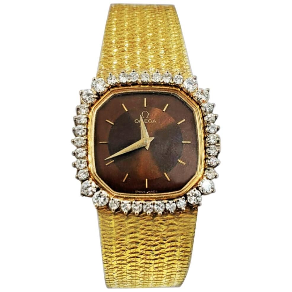  Omega 18 Karat Gold Diamond Set Double Tiger Eye Dial Bracelet Watch