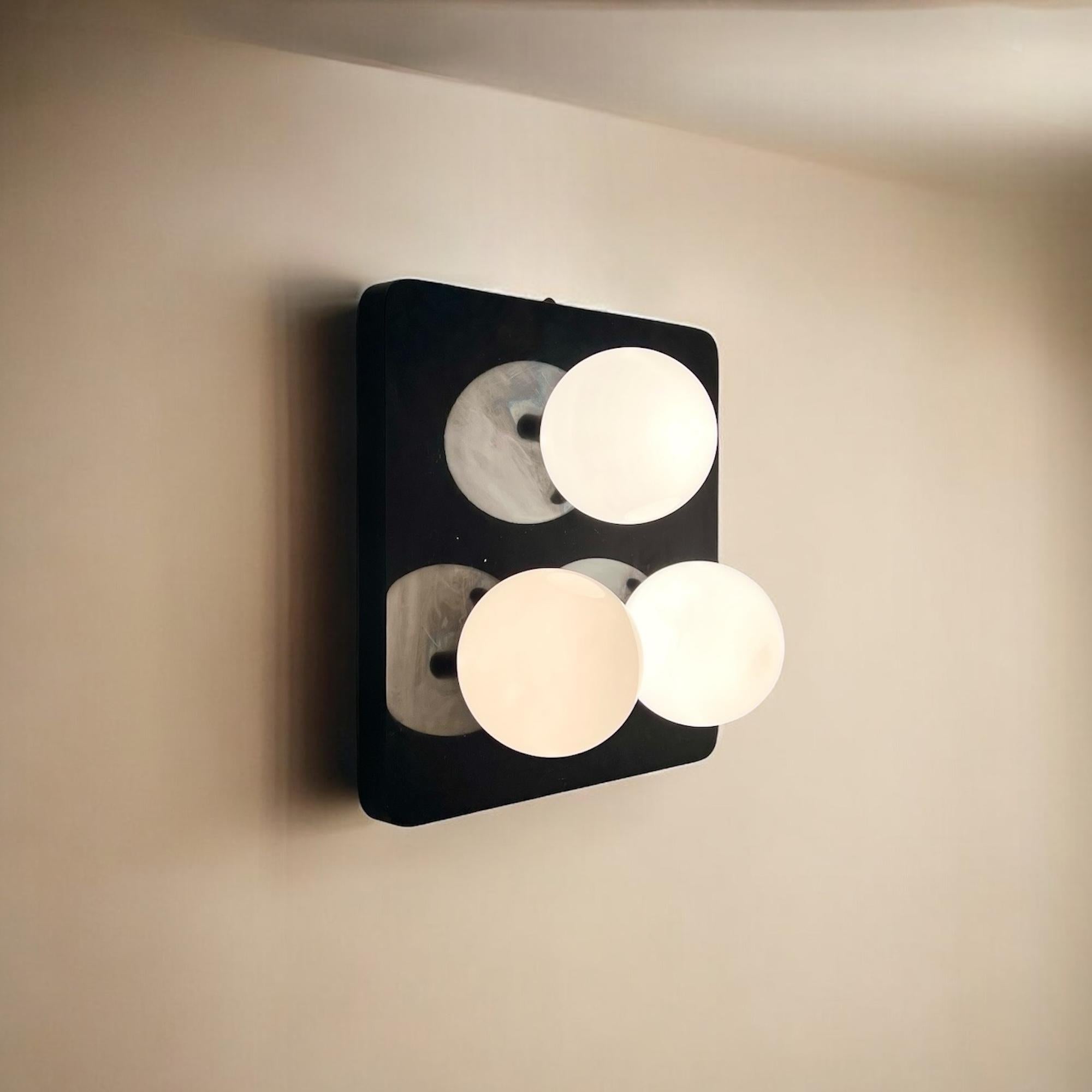 Unique 1970s Wall Lamp in Lacquered Black Wood with Glossy Glass Spheres For Sale 6