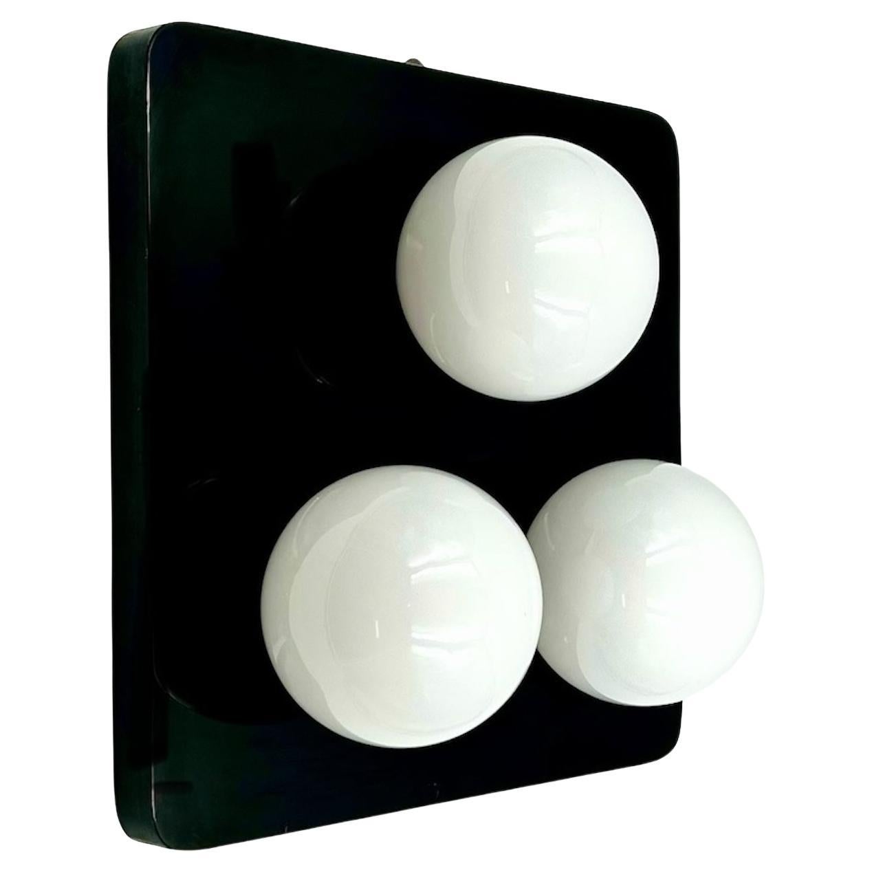 Unique 1970s Wall Lamp in Lacquered Black Wood with Glossy Glass Spheres For Sale