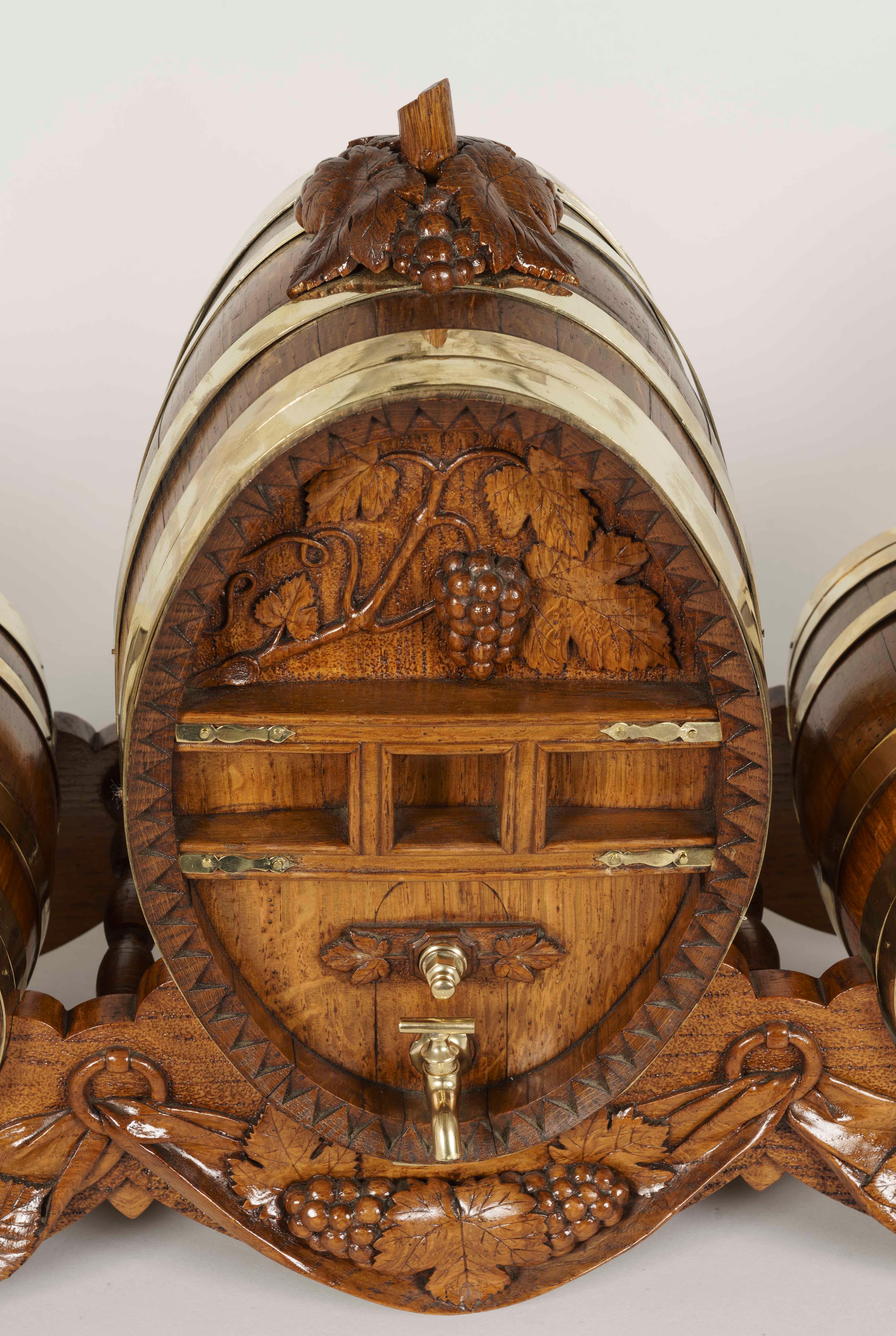 Brass Unique 19th Century Carved Oak Barrel Set For Sale
