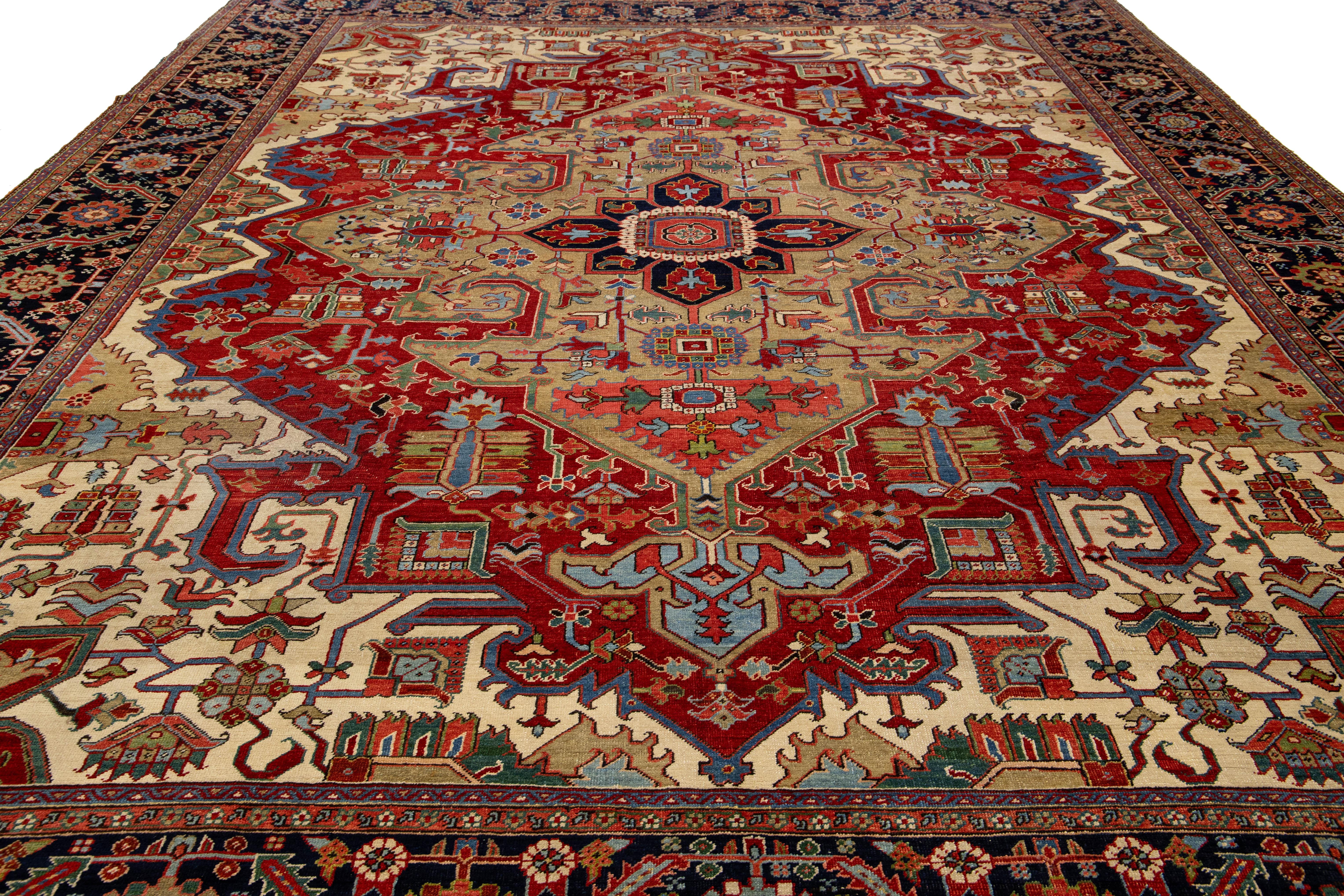 This exquisite Persian Serapi rug hails from the 17th century and stands out for its exceptional craftsmanship and intricate design. Handwoven from high-quality wool, it showcases a stunning medallion pattern that serves as the focal point of the