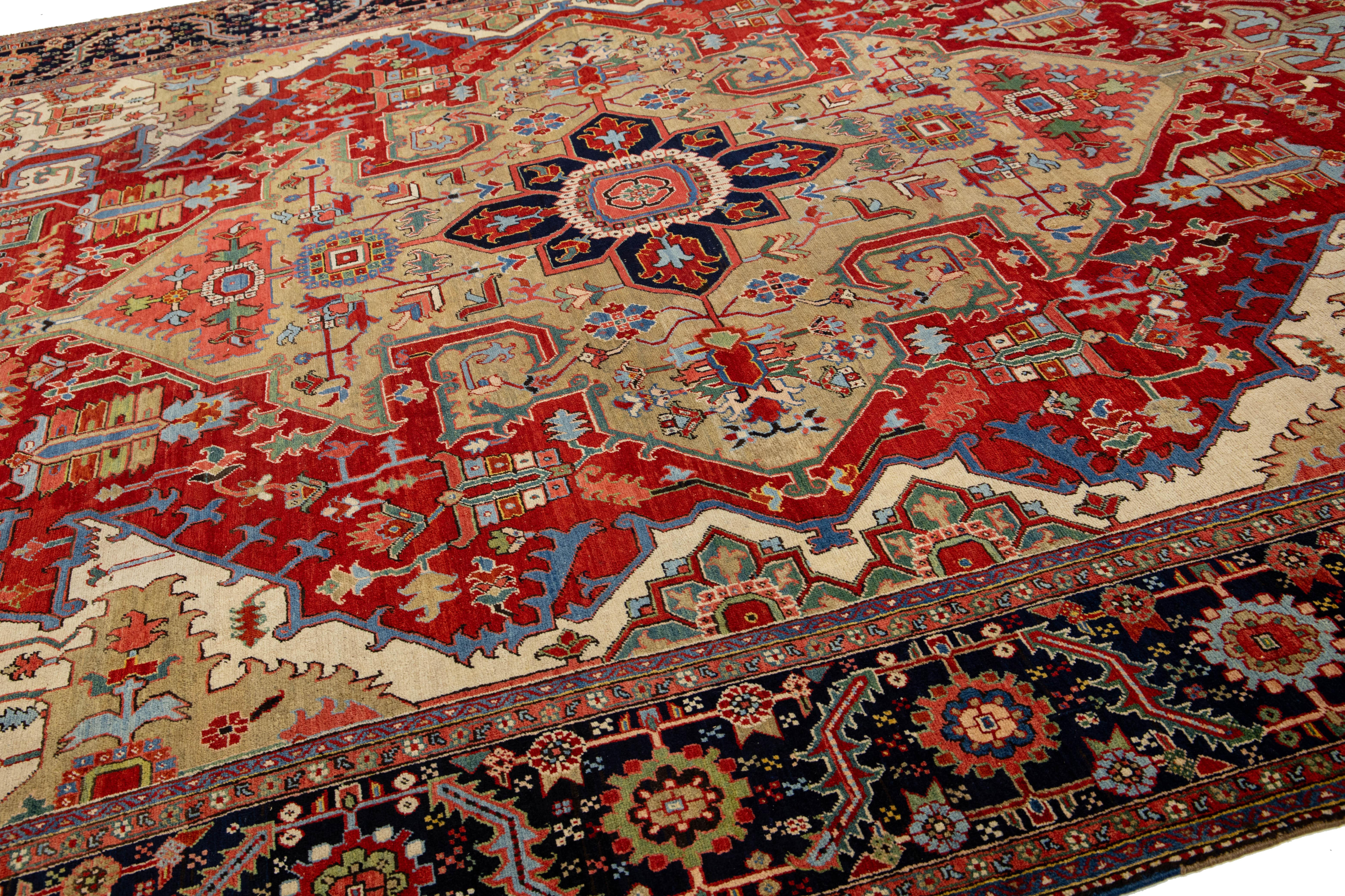 Unique 19th Century Persian Serapi Wool Rug Featuring a Red Medallion Design In Good Condition For Sale In Norwalk, CT