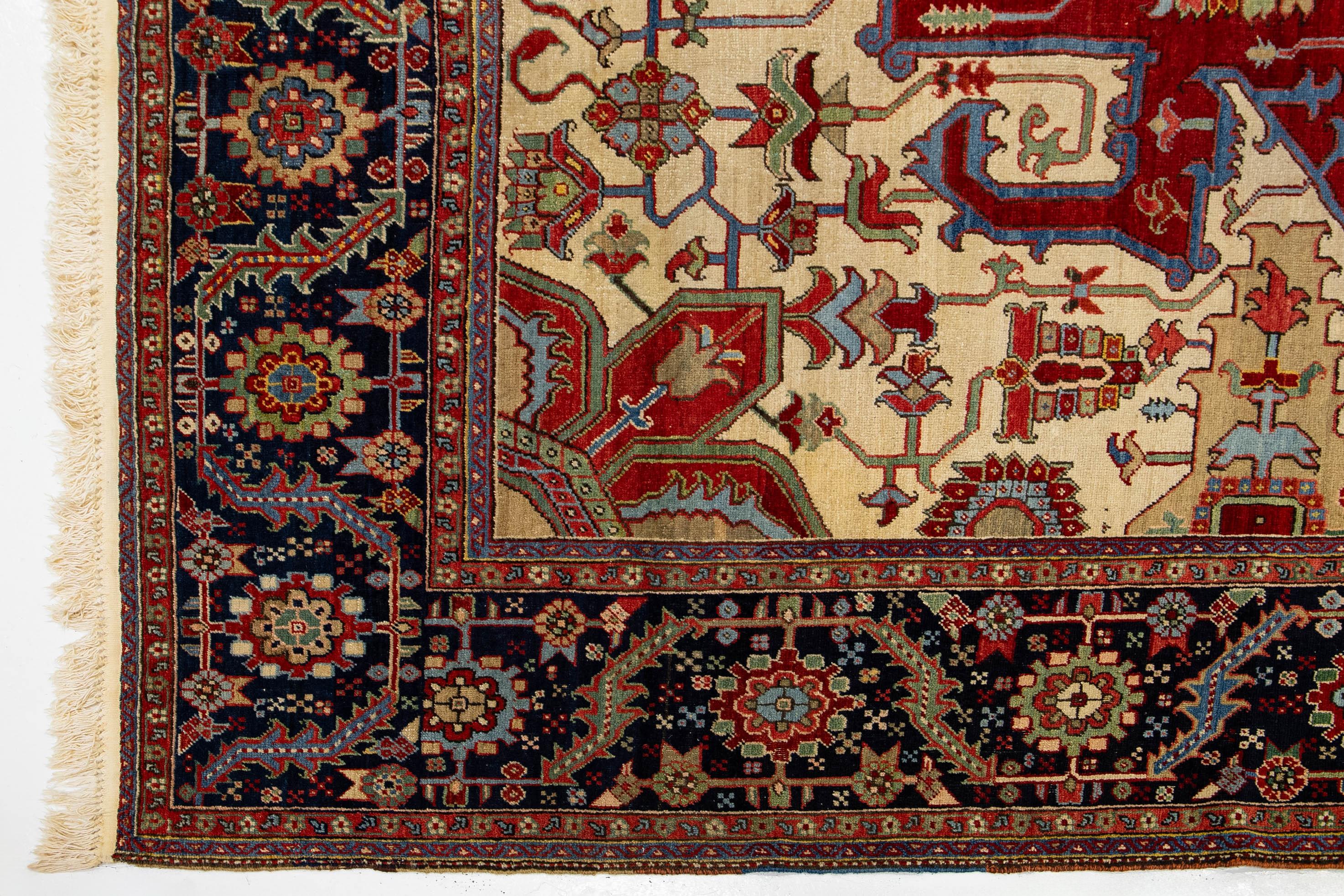 Unique 19th Century Persian Serapi Wool Rug Featuring a Red Medallion Design For Sale 1