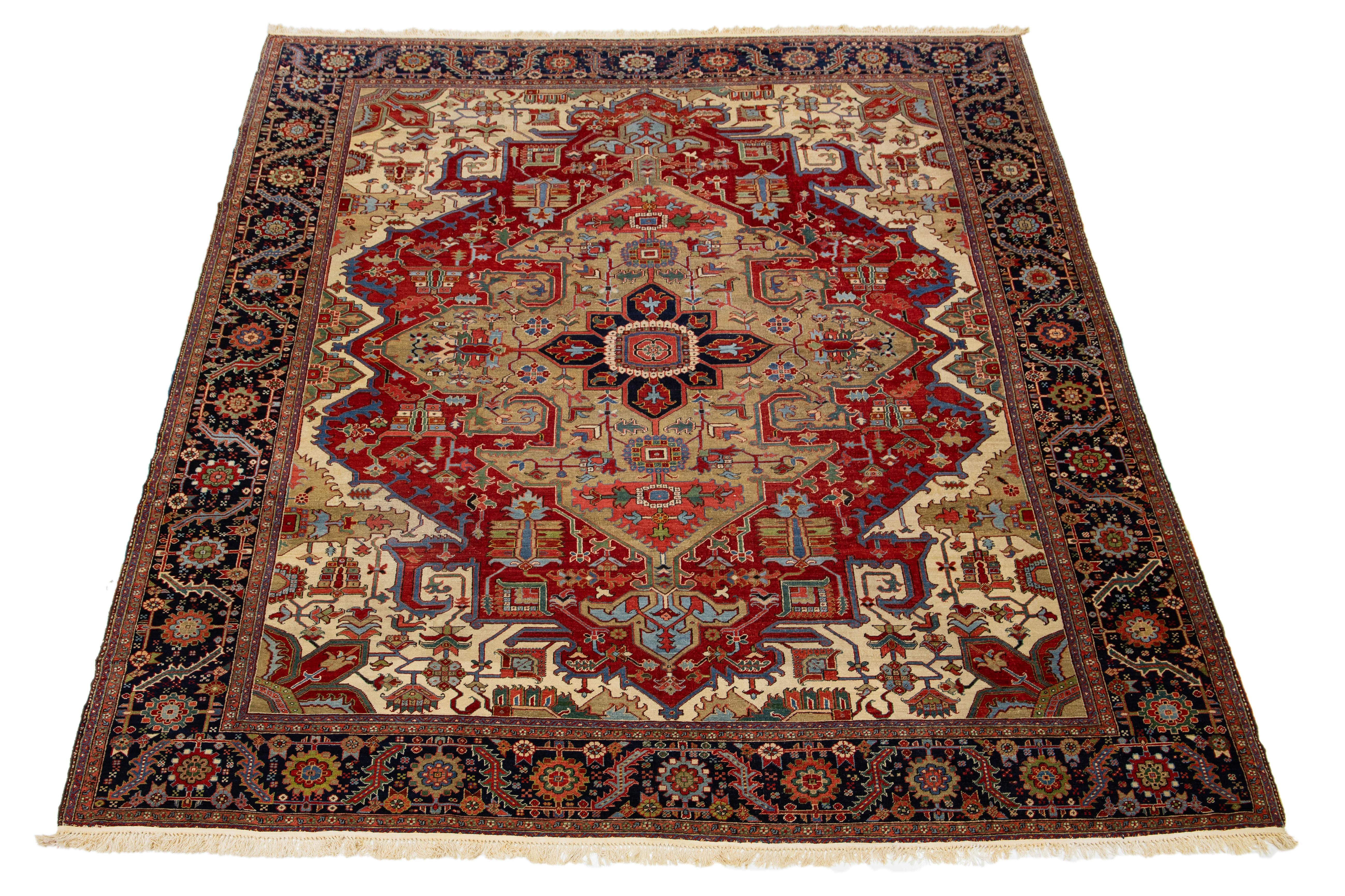 Unique 19th Century Persian Serapi Wool Rug Featuring a Red Medallion Design For Sale 2