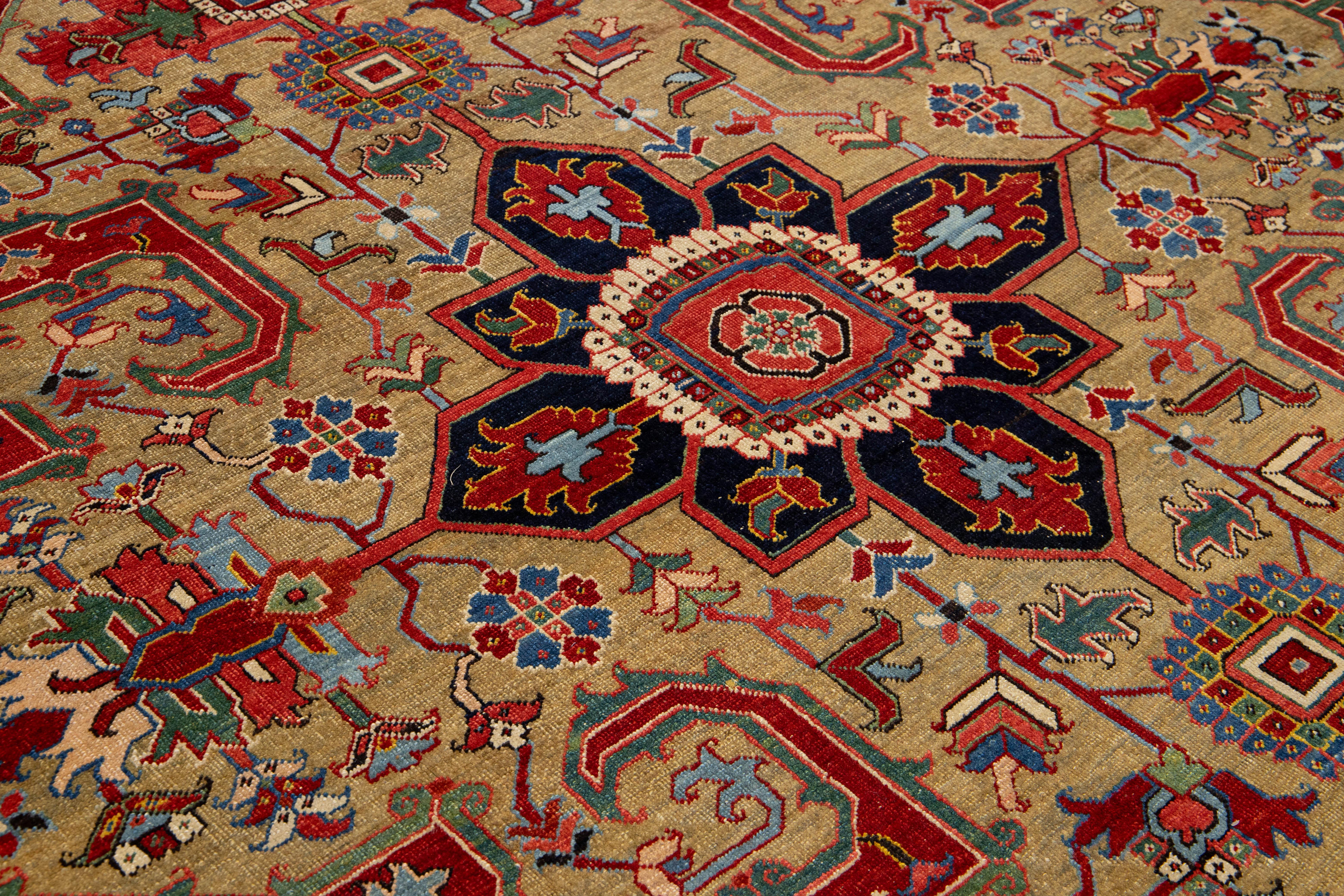 Unique 19th Century Persian Serapi Wool Rug Featuring a Red Medallion Design For Sale 3