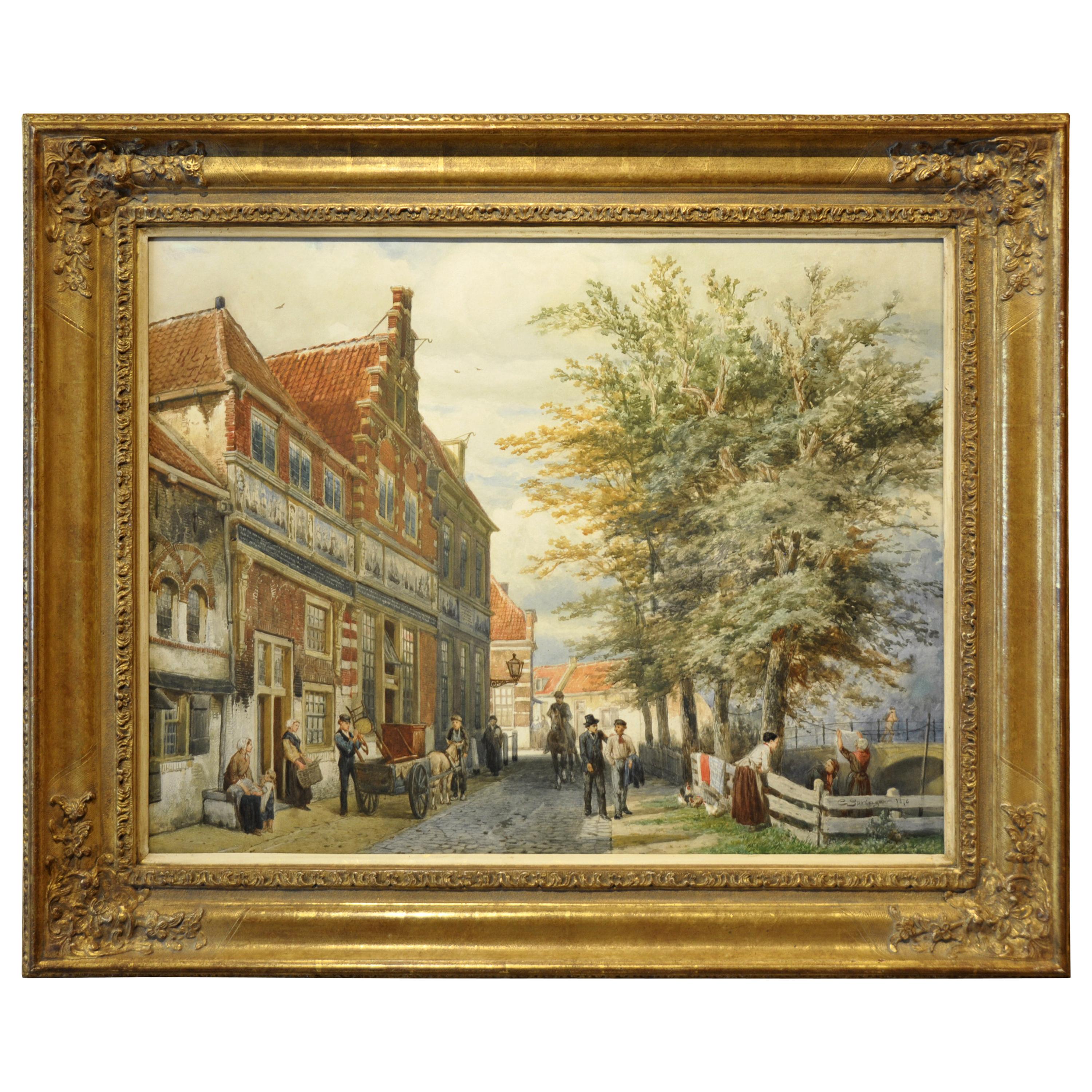 Unique 19th Century Watercolor Painting (67x52cm) by Dutch Painter C. Springer For Sale