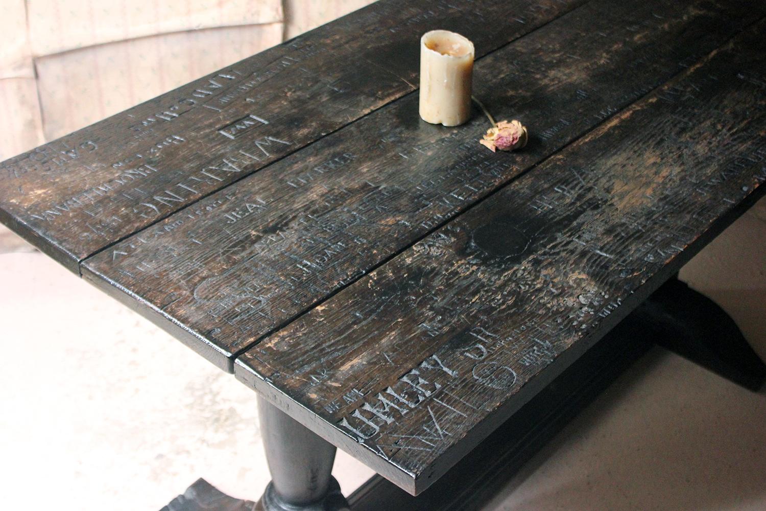 Late Victorian Unique 19th Century Graffitied Oak Refectory Table