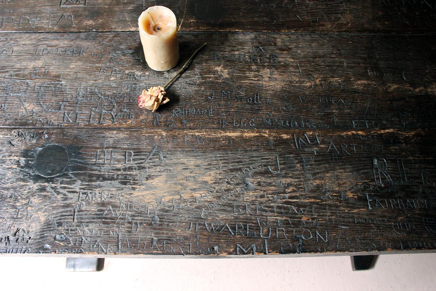English Unique 19th Century Graffitied Oak Refectory Table