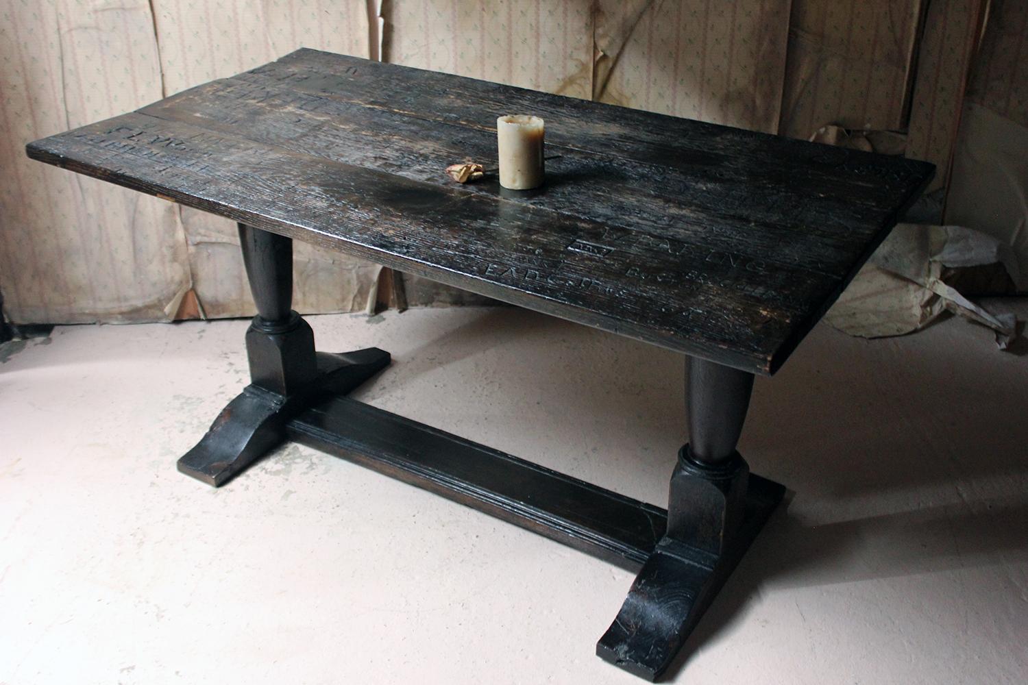 Hand-Carved Unique 19th Century Graffitied Oak Refectory Table