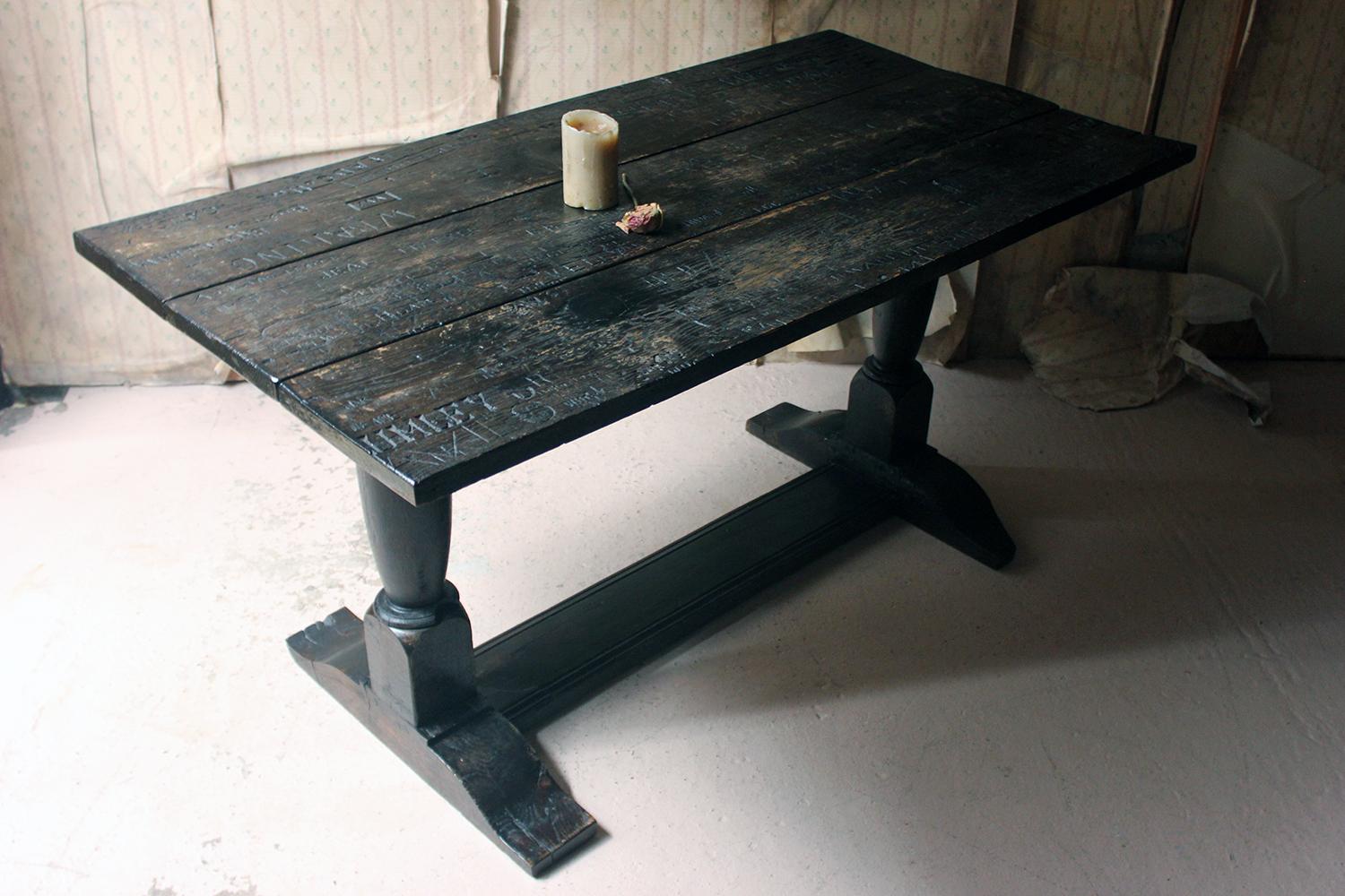 Unique 19th Century Graffitied Oak Refectory Table 2