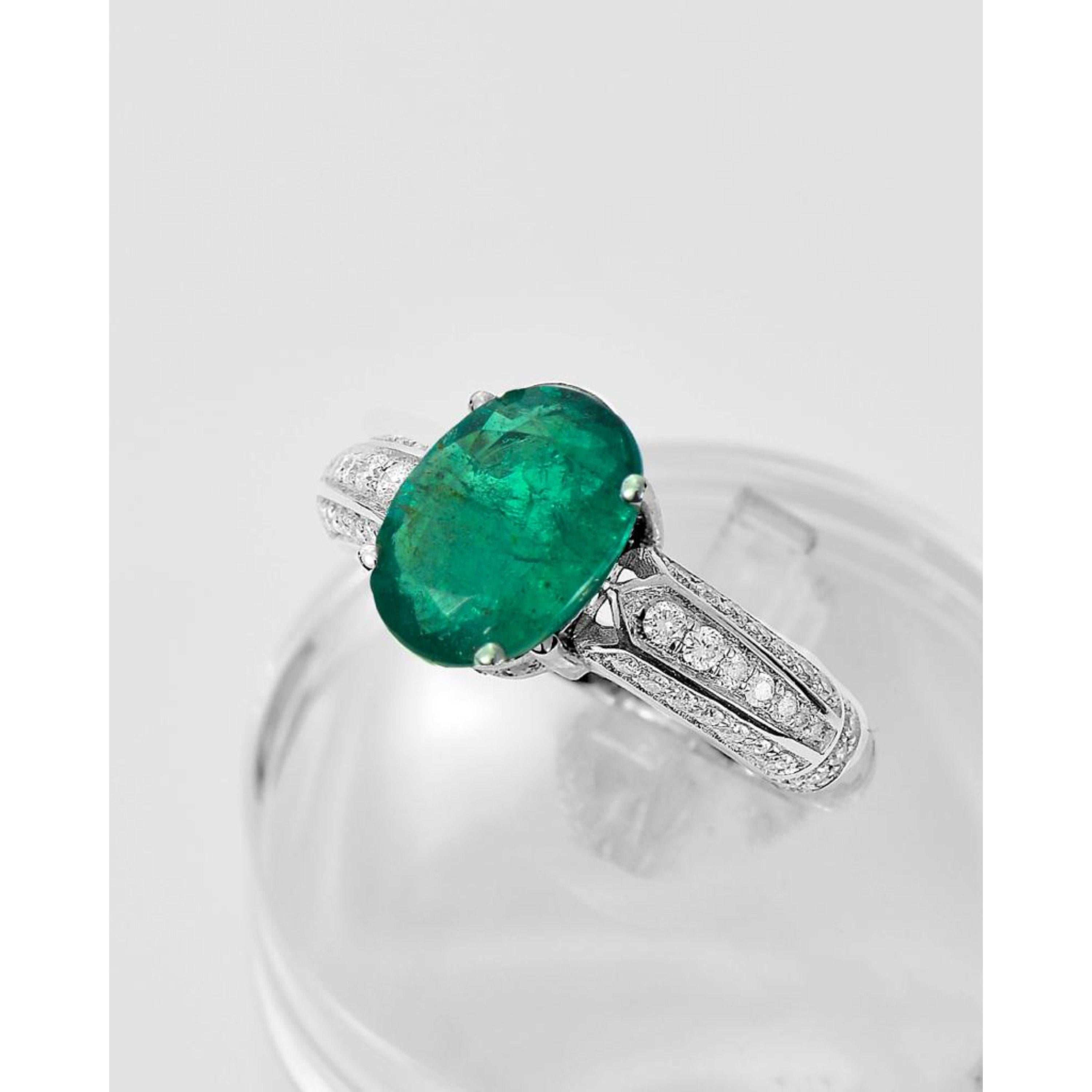 For Sale:  Unique 2 Carat Oval Cut Emerald Diamond Engagement Ring, Vintage White Gold Ring 3