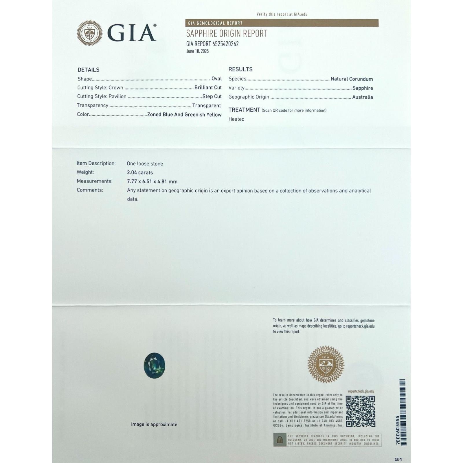 Zafiro único de 2,04 ct Certificado GIA Color parcial Azul Verde Amarillo Australiano
 
 Única gema natural de zafiro de color parcial azul y amarillo verdoso.
 Zafiro de 2,04 quilates con un hermoso y único color azul y amarillo verdoso parcial.
