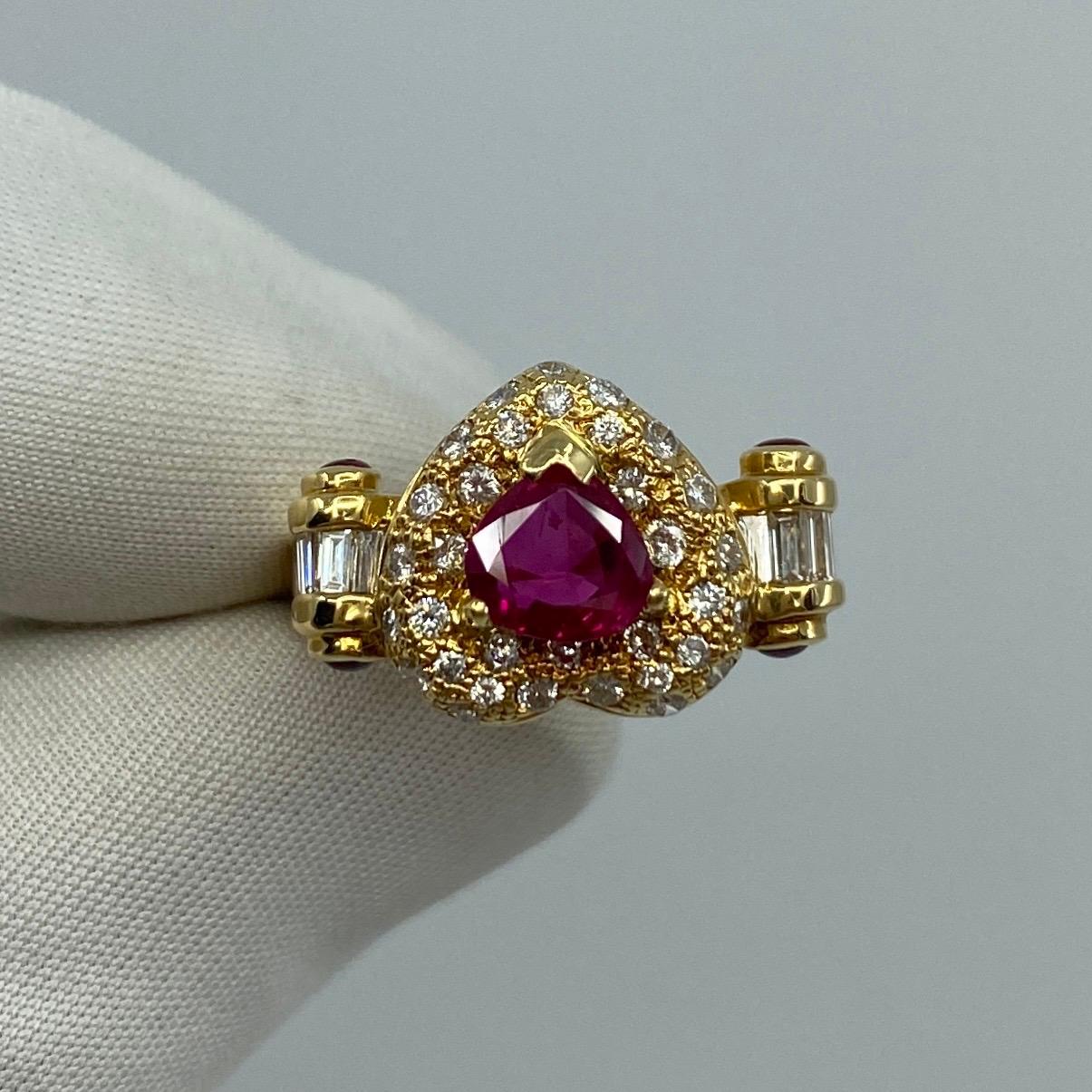 Unique 2.05 Carat Fine Deep Red Ruby & Diamond Heart Shape 18k Yellow Gold Cluster Ring.

Unique designed ring featuring a 1.04 Carat centre ruby with a deep red colour. Has a very good pear cut and good clarity, some small natural inclusions