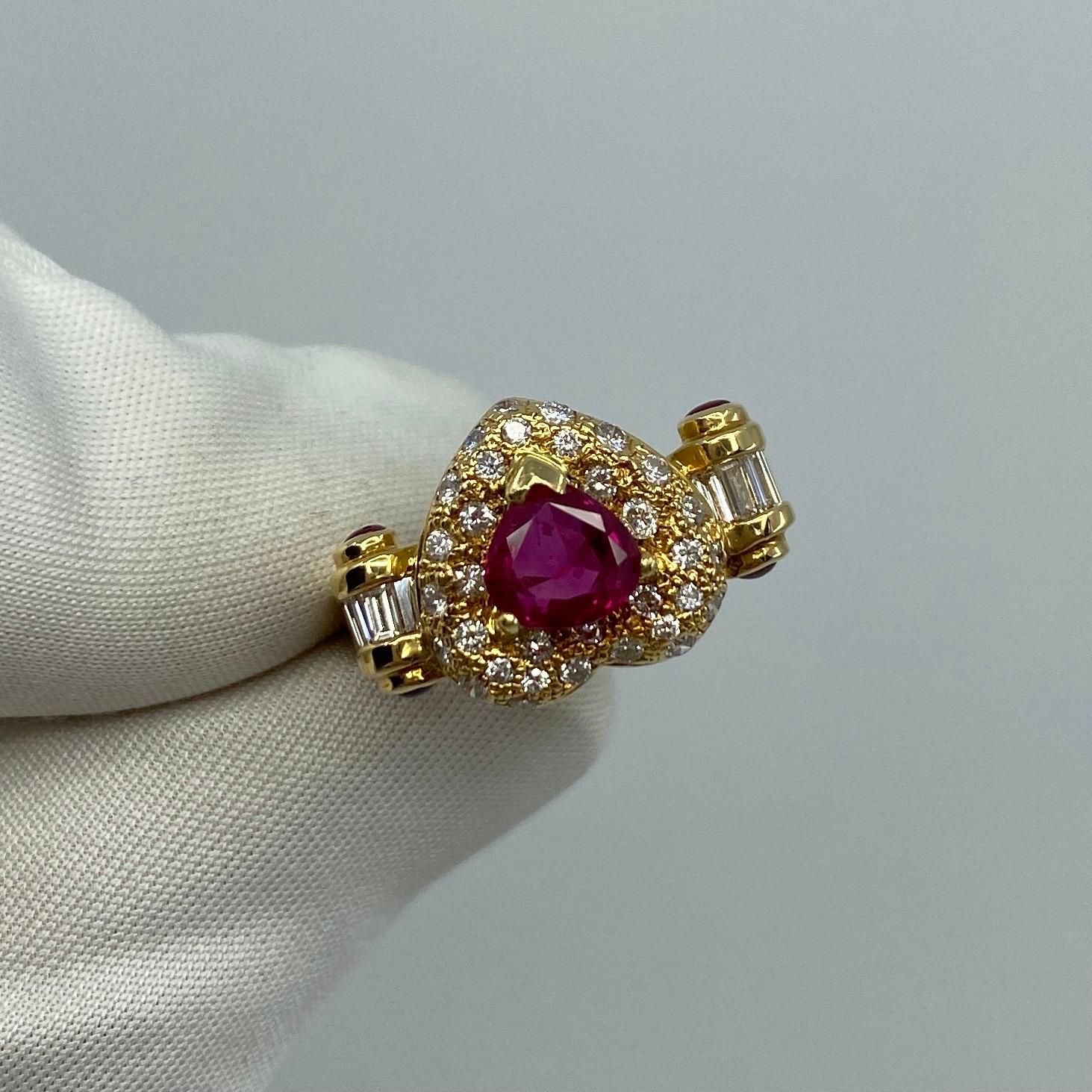 Pear Cut Unique 2.05 Carat Fine Deep Red Ruby Diamond Heart 18k Yellow Gold Cluster Ring