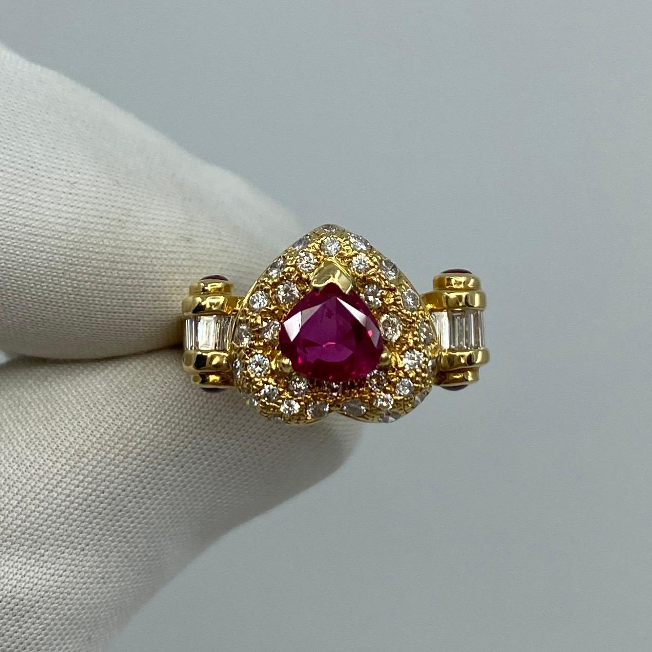 Unique 2.05 Carat Fine Deep Red Ruby Diamond Heart 18k Yellow Gold Cluster Ring In Excellent Condition In Birmingham, GB
