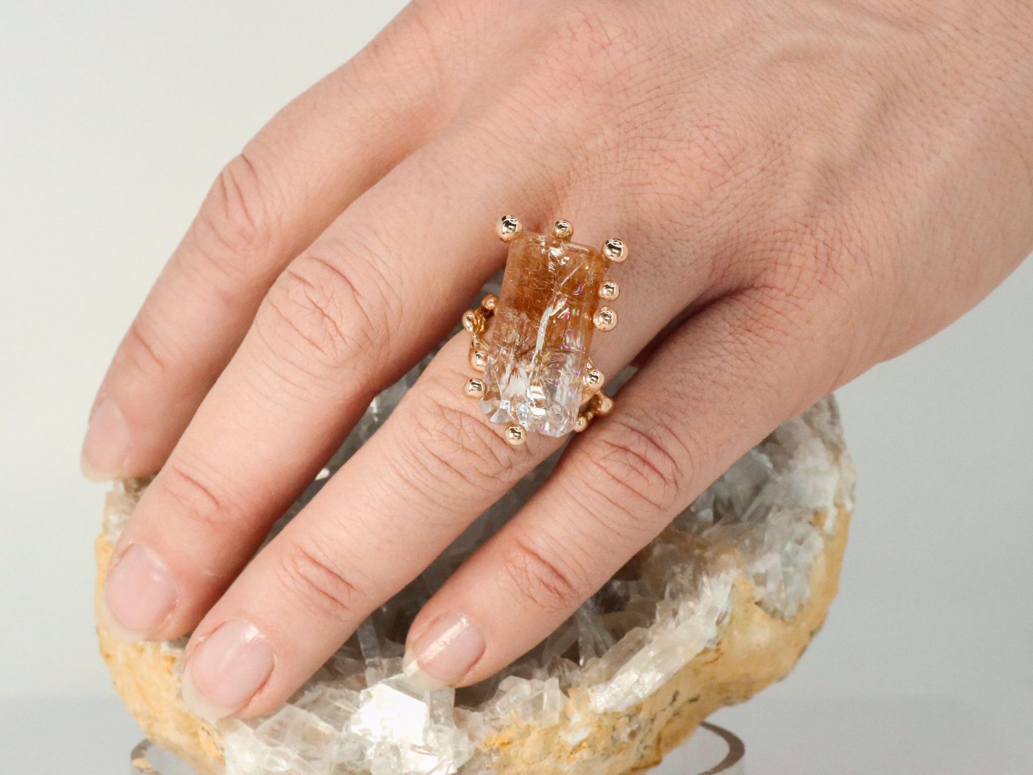 Barzaghi Rutilated Quartz Made in Italy  Grounding Rose Gold Cocktail Ring In New Condition For Sale In Milan, IT