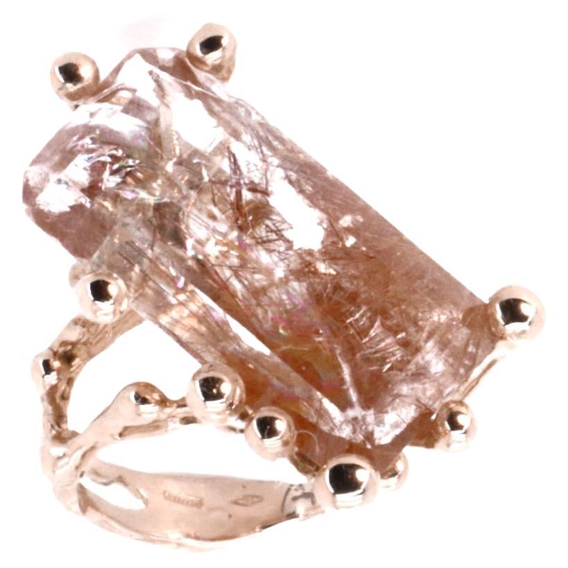 Emerald Cut Barzaghi Rutilated Quartz Made in Italy  Grounding Rose Gold Cocktail Ring For Sale