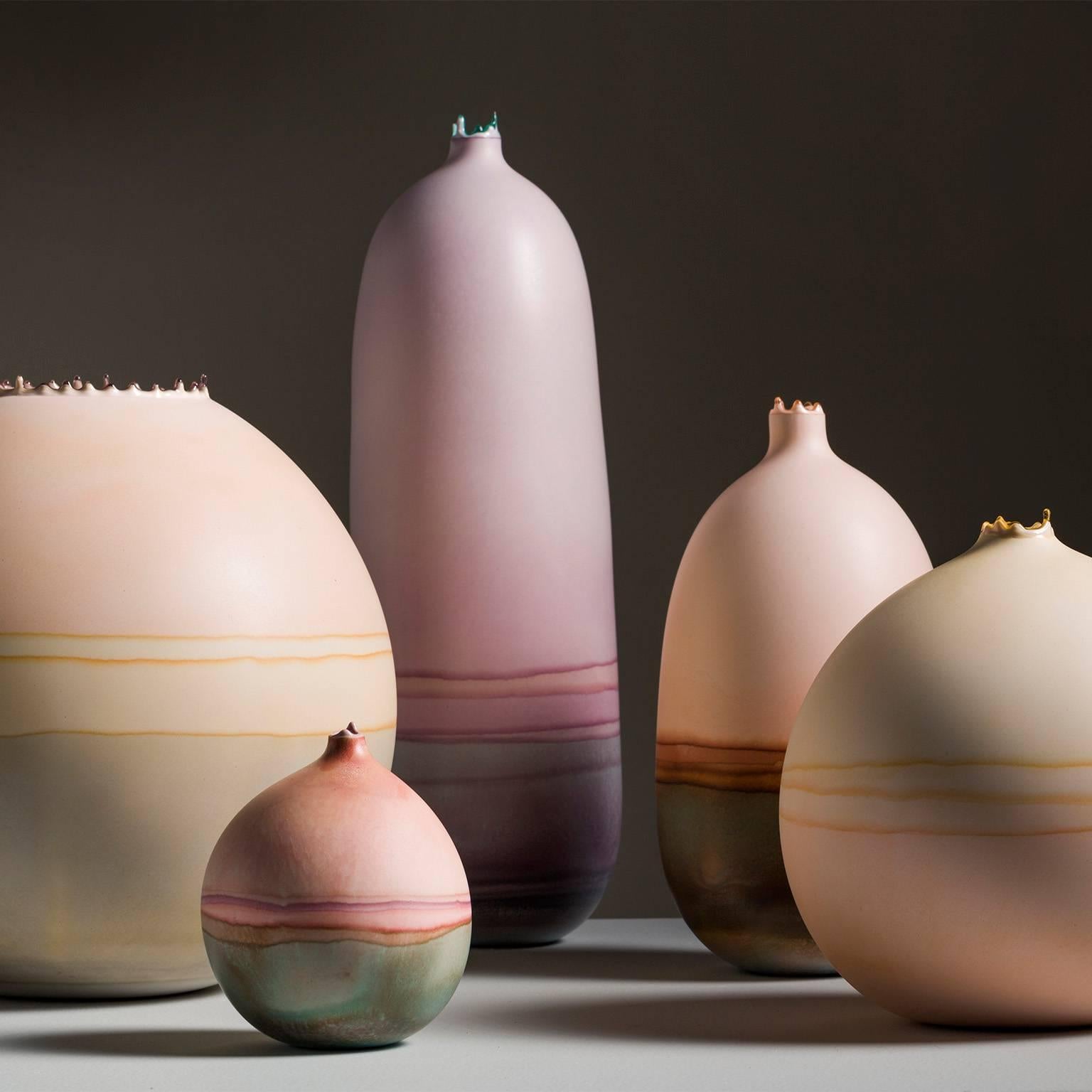 Cast Unique 21st Century Peach, Bone and Sage Green Dip-Dyed Large Round Vase For Sale