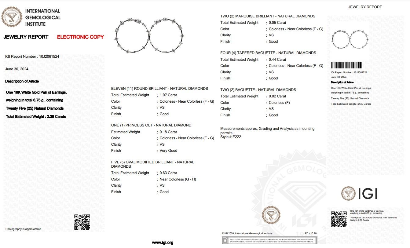 Women's Unique 2.39ct Diamonds Hoop Earrings in 18k White Gold - IGI Certified