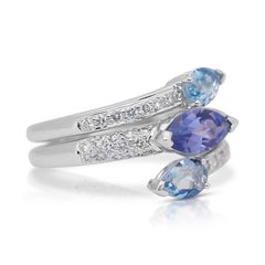 Unique 2.80ct Tanzanite, Aquamarines and Diamonds 3-Stone Ring in 18k White Gold