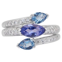 Unique 2.80ct Tanzanite, Aquamarines and Diamonds 3-Stone Ring in 18k White Gold