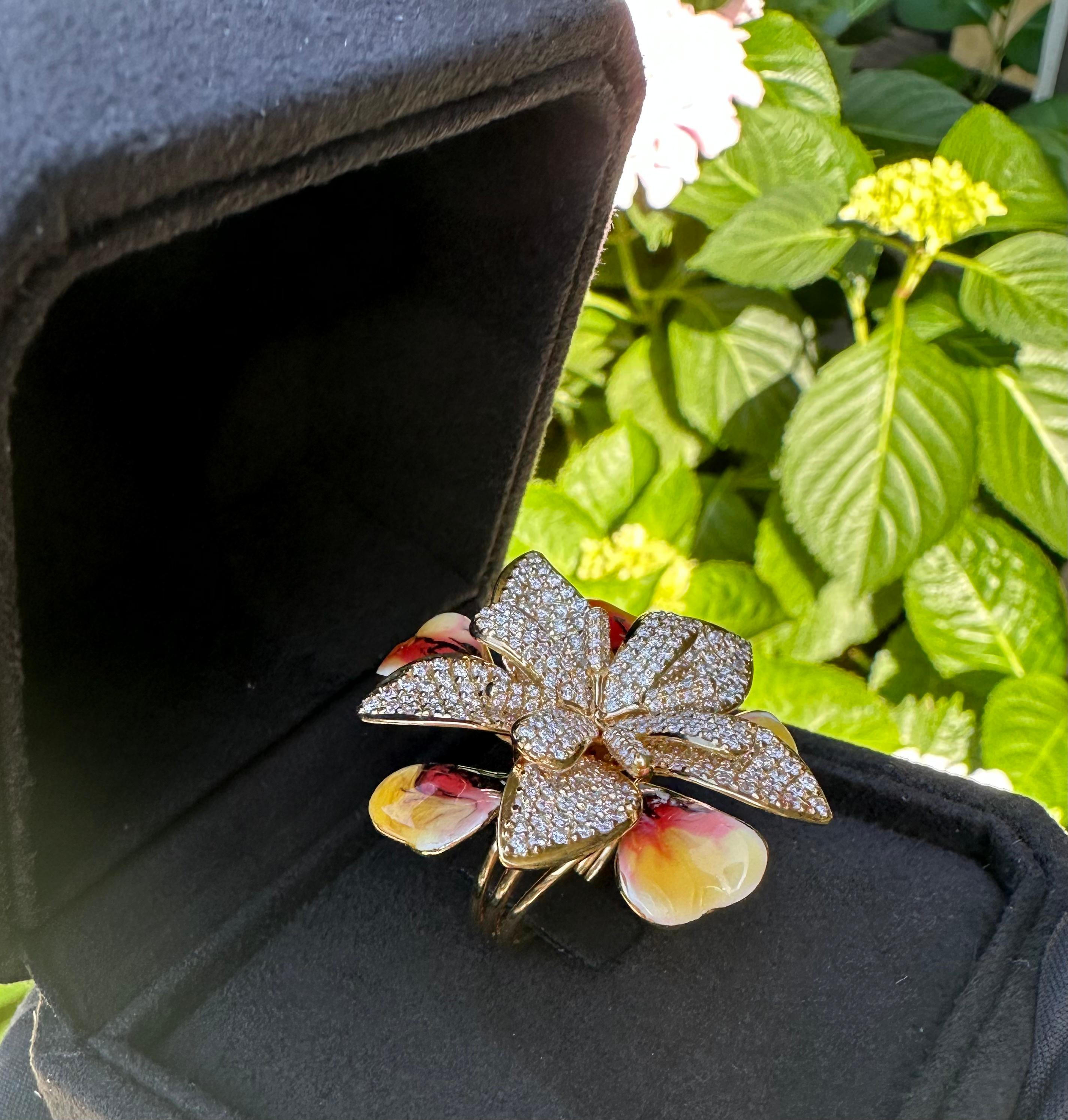 Artisan Unique 3 Dimensional Diamond and Enamel Tropical Flower 18K Yellow Gold Ring