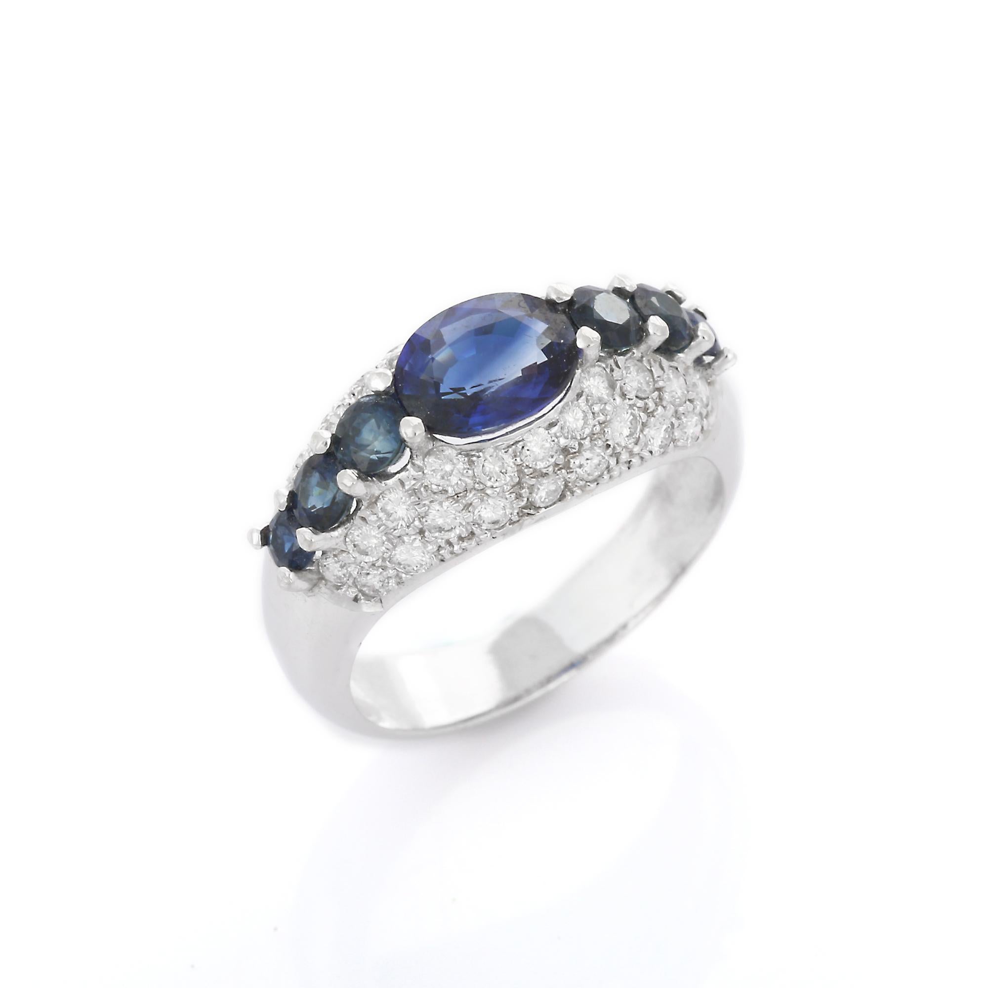 For Sale:  Blue Sapphire Engagement Ring with Diamonds in 18K White Gold 7