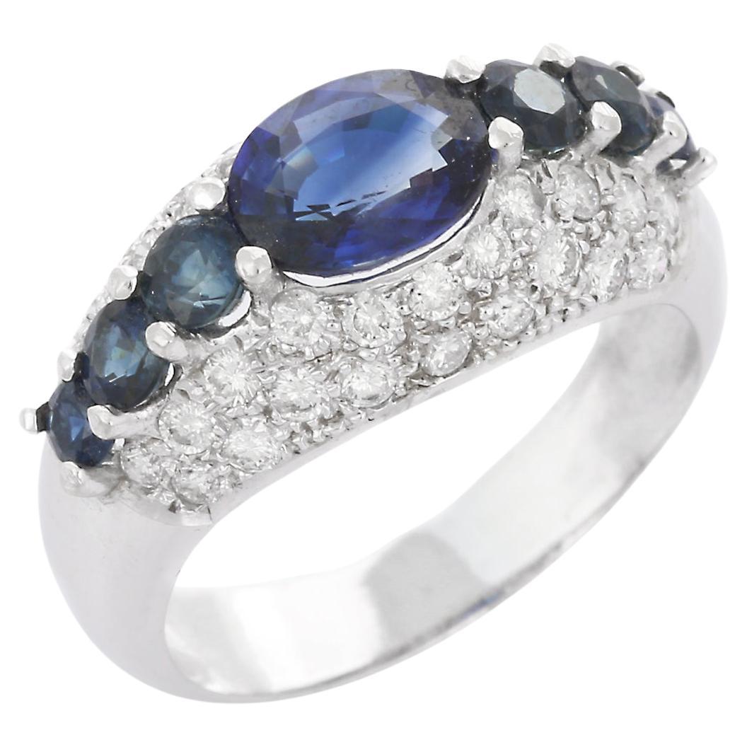 Blue Sapphire Engagement Ring with Diamonds in 18K White Gold