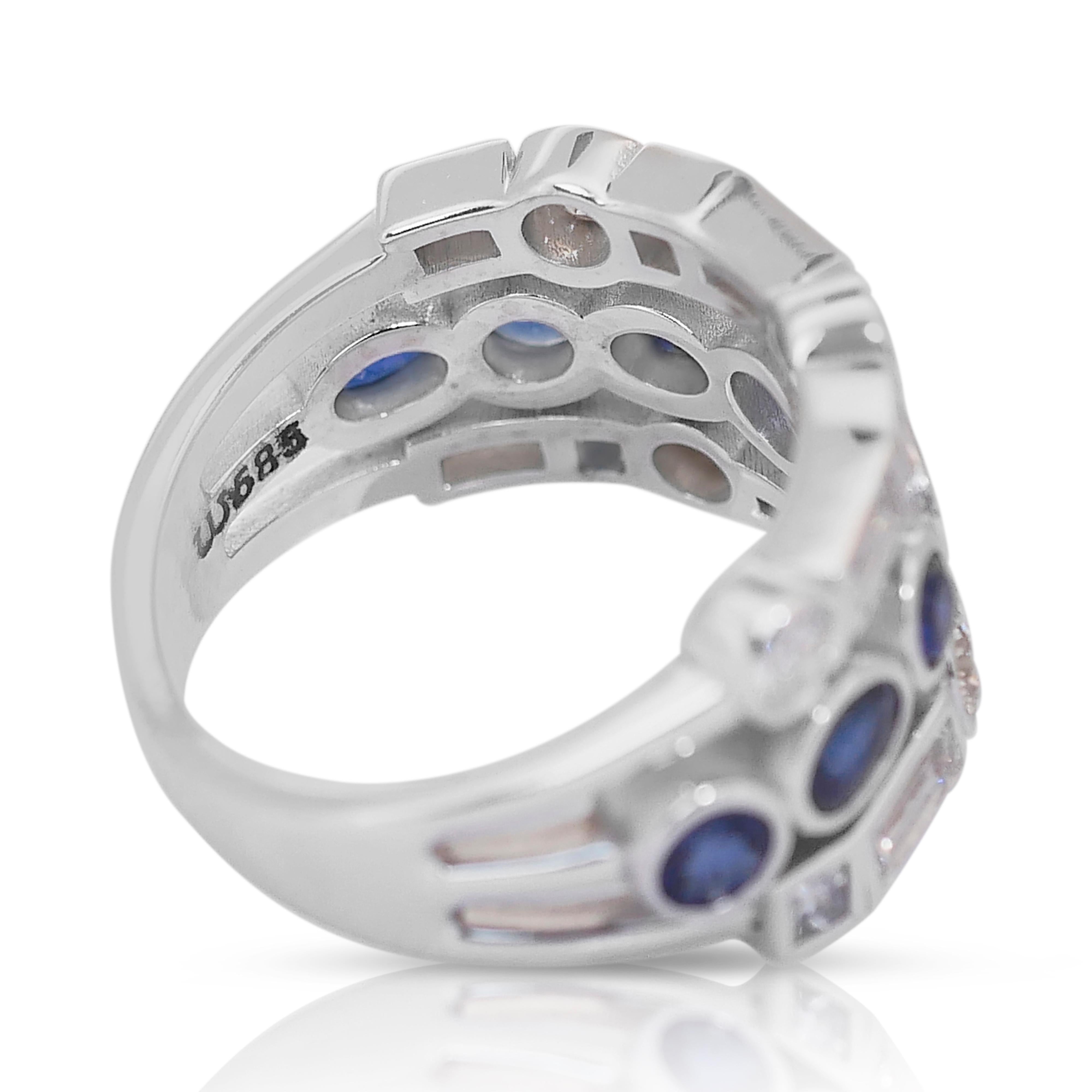 Oval Cut Unique 3.18ct Sapphires and Diamonds Ring in 14k White Gold - IGI Certified