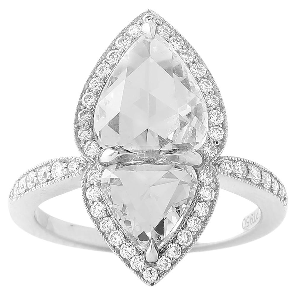 Unique 3.26 Carat Diamond Rose Cut Pear Shape Twin Stone 'Toi et Moi' Ring For Sale