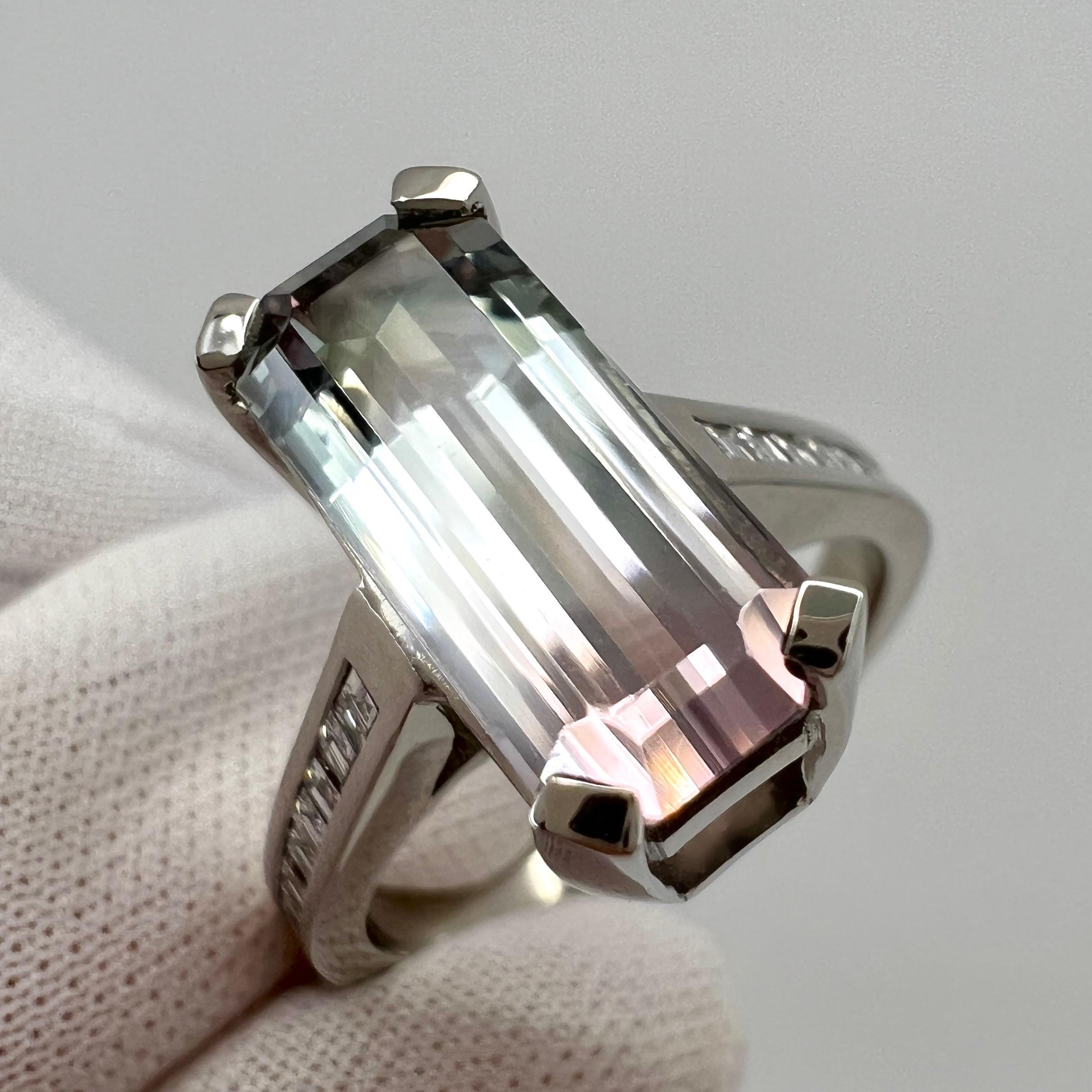 Octagon Cut Unique 4 Carat Fancy Bi Colour Tourmaline & Diamond 18k White Gold Squashy Ring For Sale
