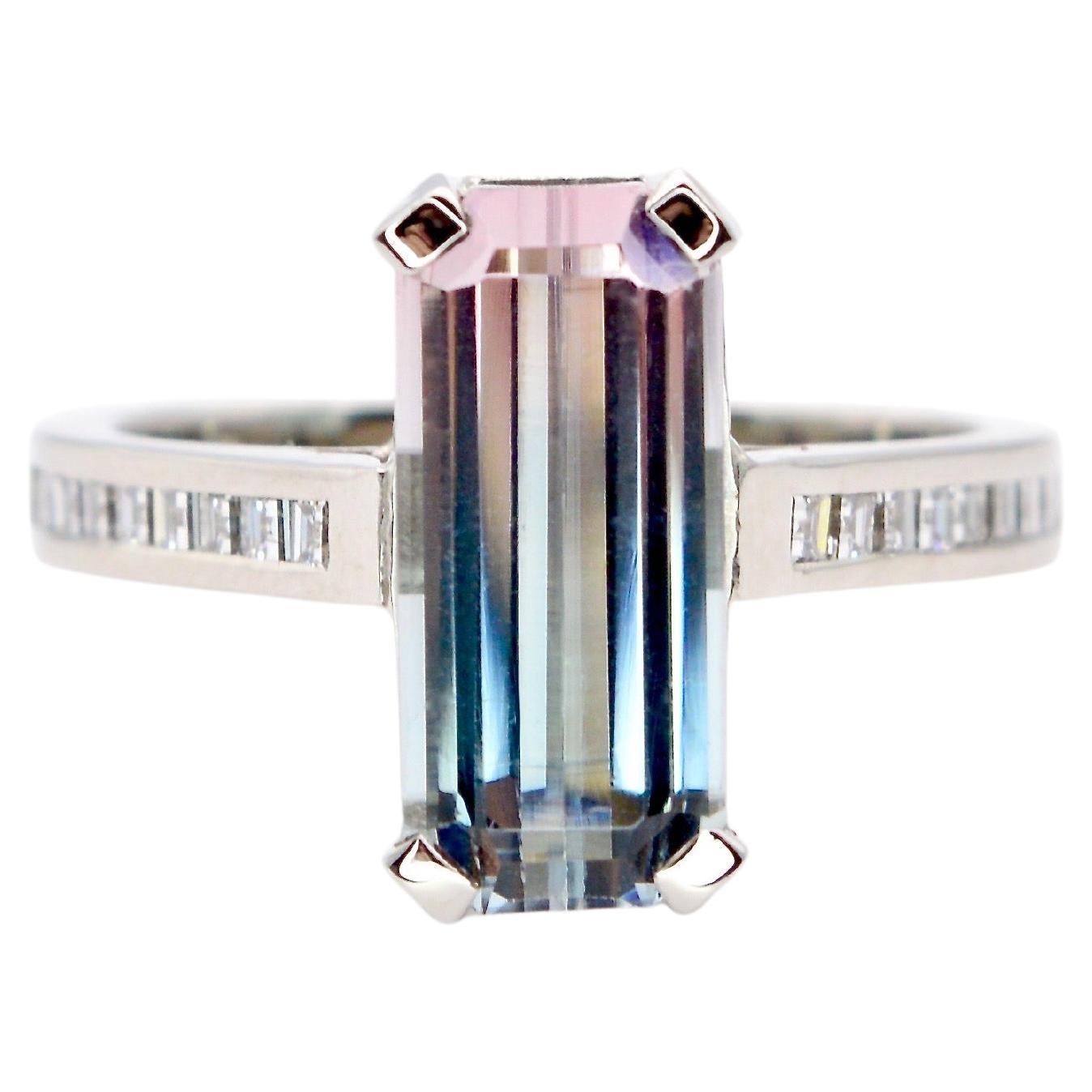 Unique 4 Carat Fancy Bi Colour Tourmaline & Diamond 18k White Gold Squashy Ring For Sale