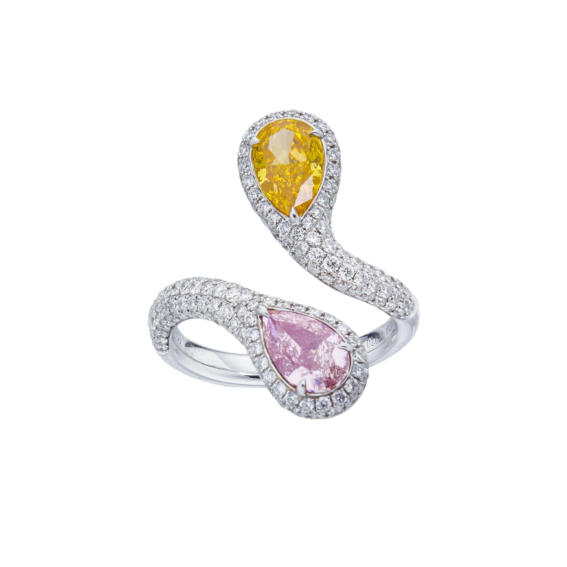 Cushion Cut Unique 4 colour GIA Certified natural pear shape diamond ring on 18kt gold.  For Sale