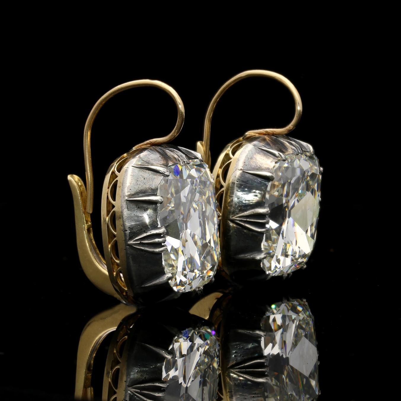 Victorian Unique 41.78 Carat of Cushion Cut Diamond Earrings Each Stone 21.24ct & 20.54ct