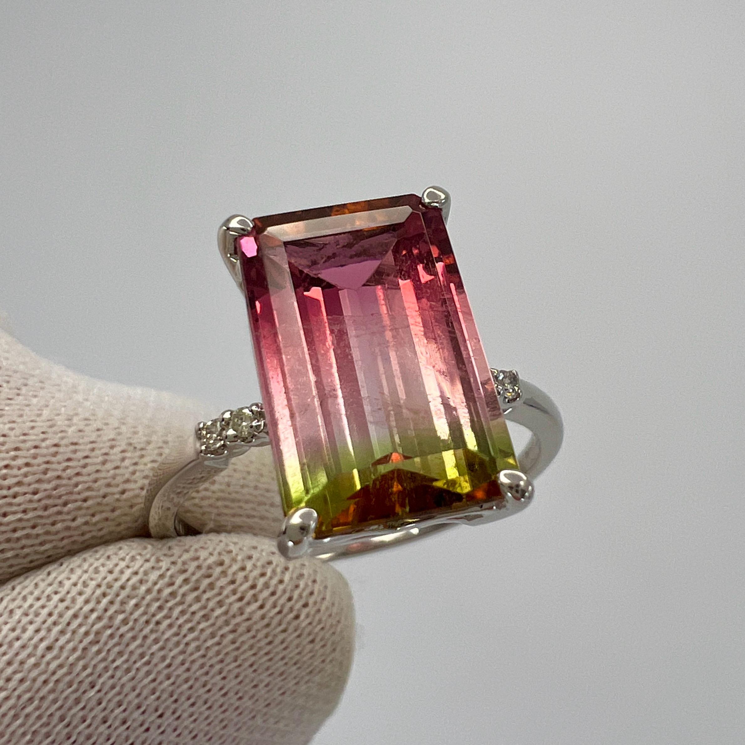 Unique Watermelon Tourmaline & Diamond Platinum Solitaire Ring With Diamond Accents.

Natural 4.36 carat parti colour watermelon tourmaline with a beautiful red, pink, white and green colour gradient.

Watermelon tourmalines are a stunning