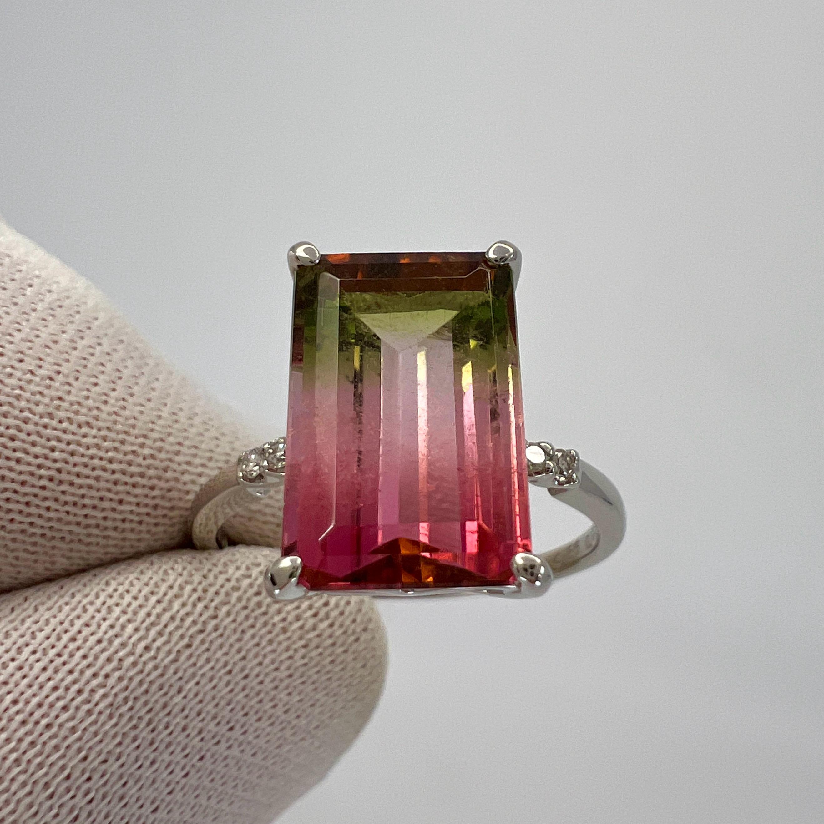 Unique 4.36ct Emerald Cut Watermelon Tourmaline Diamond Platinum Solitaire Ring In New Condition In Birmingham, GB