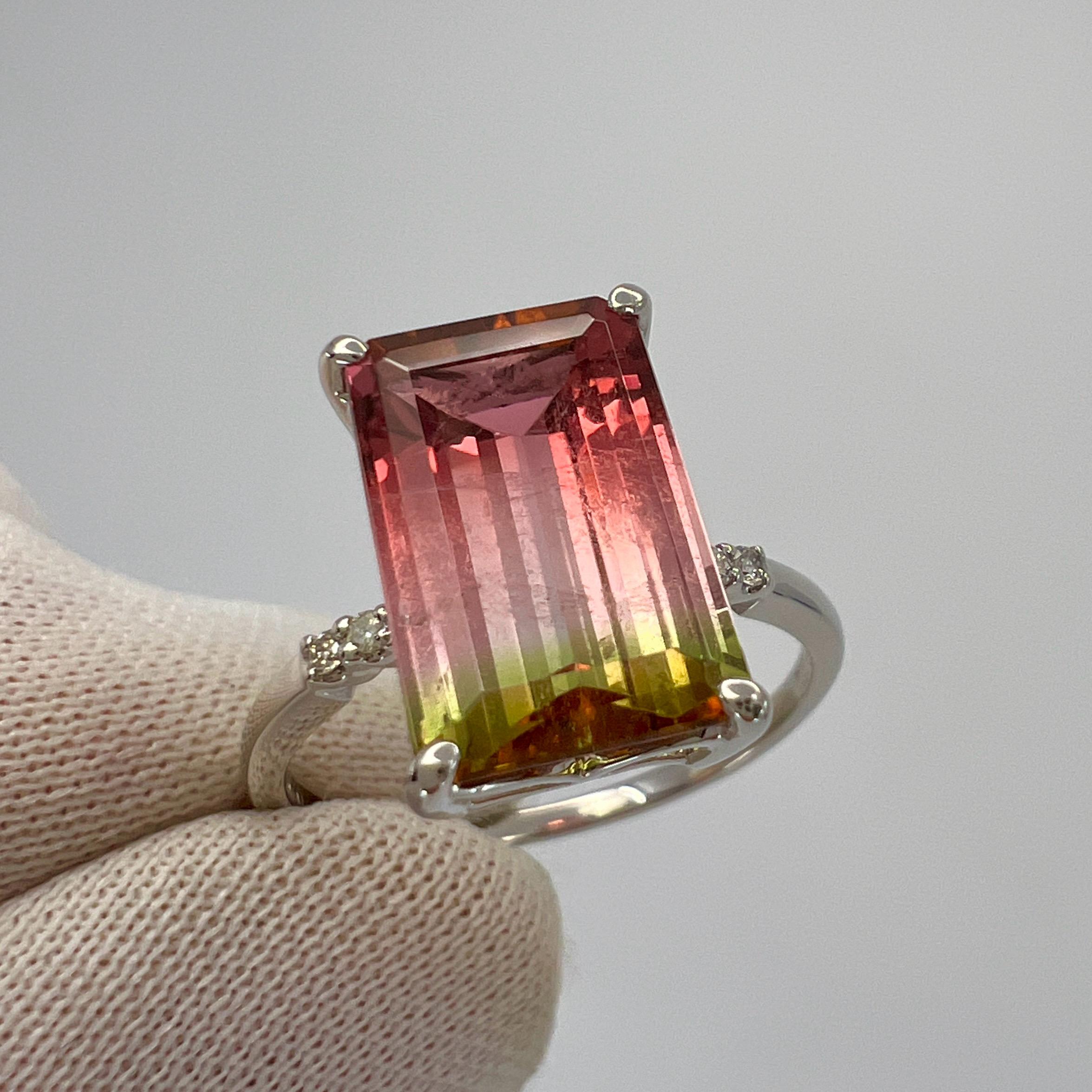 Women's or Men's Unique 4.36ct Emerald Cut Watermelon Tourmaline Diamond Platinum Solitaire Ring