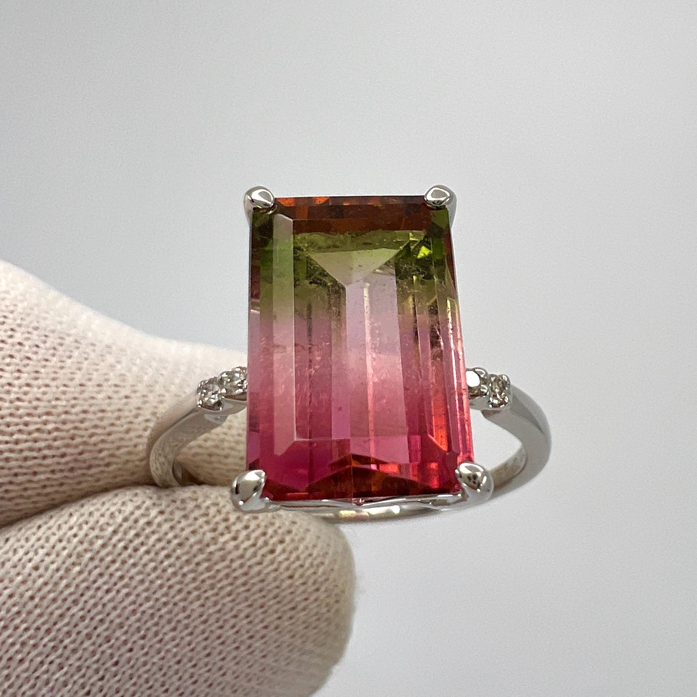Unique 4.36ct Emerald Cut Watermelon Tourmaline Diamond Platinum Solitaire Ring 2