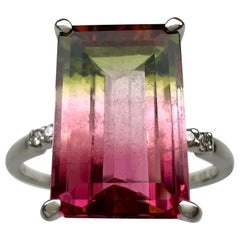 Unique 4.36ct Emerald Cut Watermelon Tourmaline Diamond Platinum Solitaire Ring