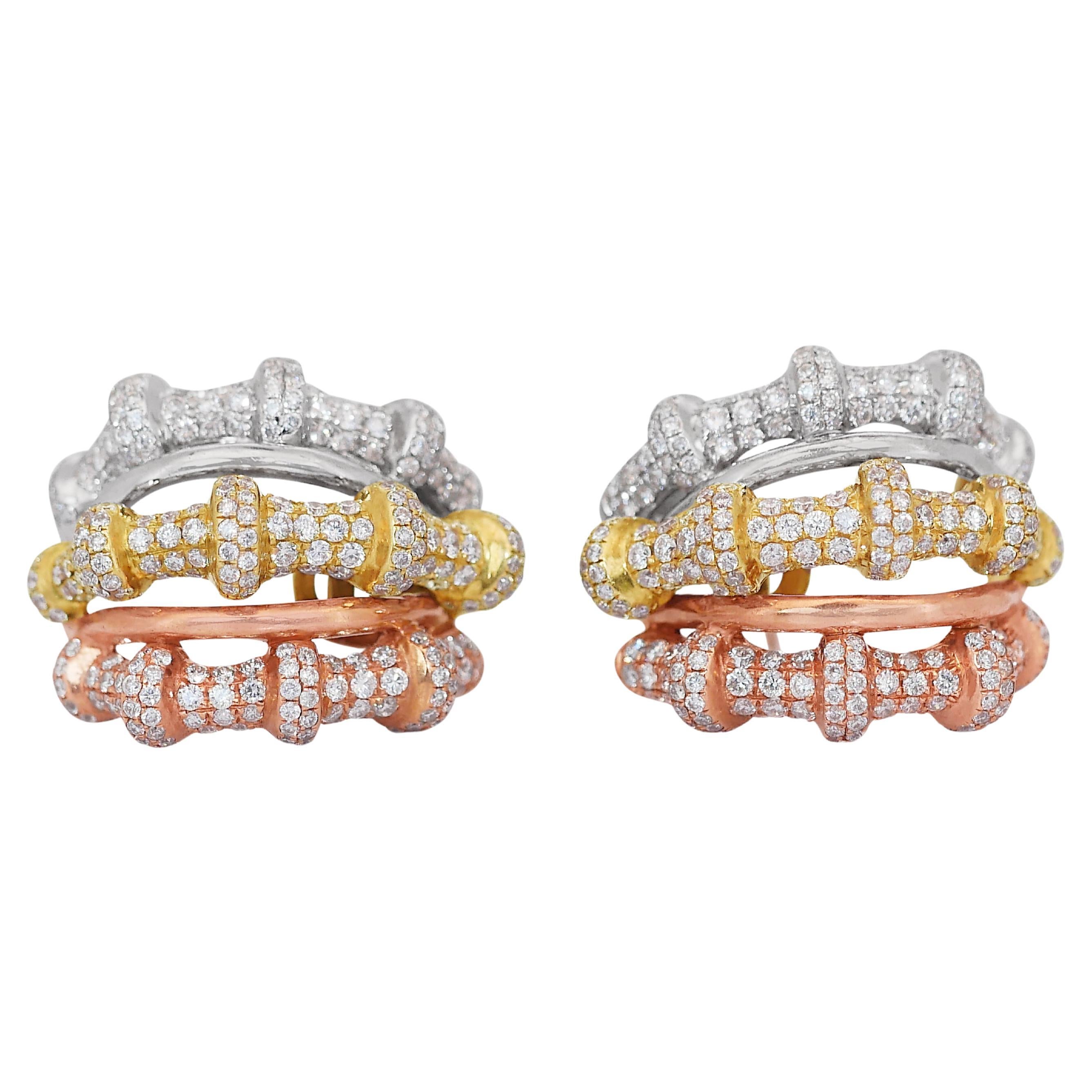 Unique 4.58ct Diamonds 3-Tone Earrings in 18k Yellow, Rose, White Gold - IGI